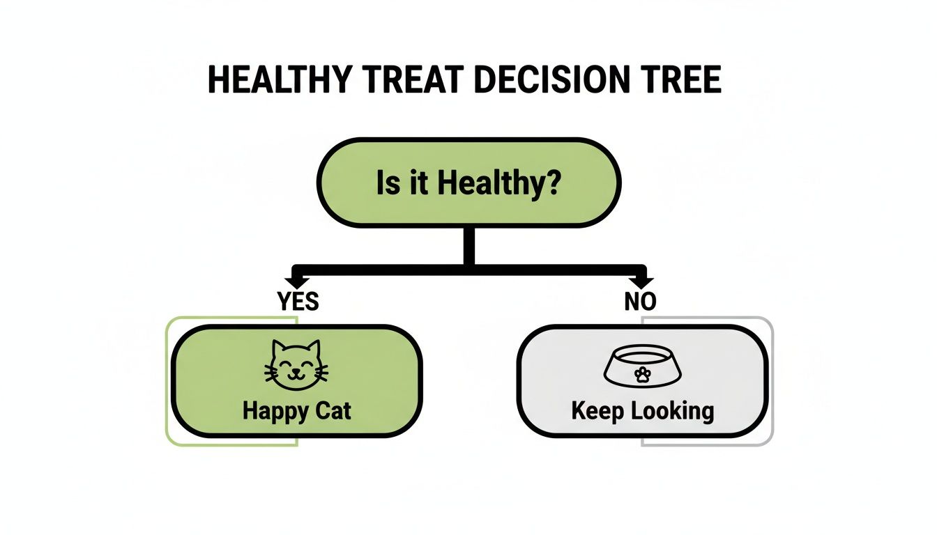 A decision tree flowchart for healthy treats, asking "Is it Healthy?" leading to "Happy Cat" or "Keep Looking."