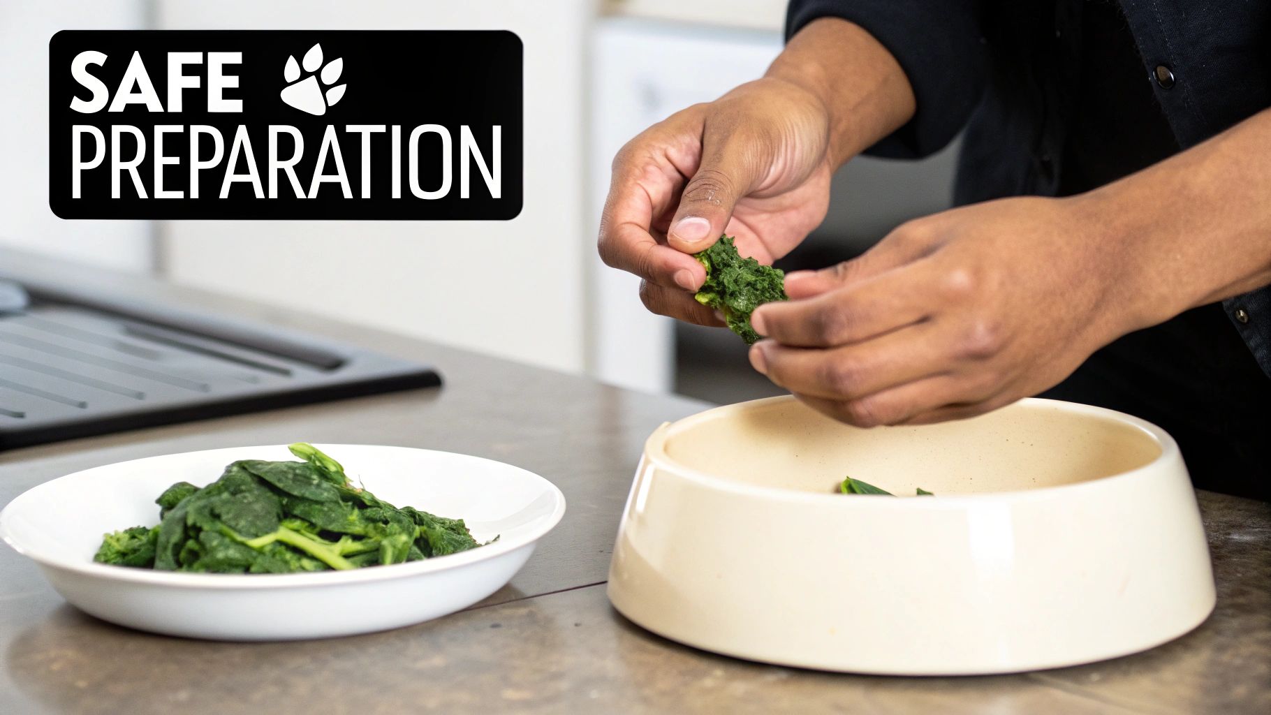 Hands add cooked green vegetables from a white plate into a light dog bowl, highlighting safe pet food preparation.