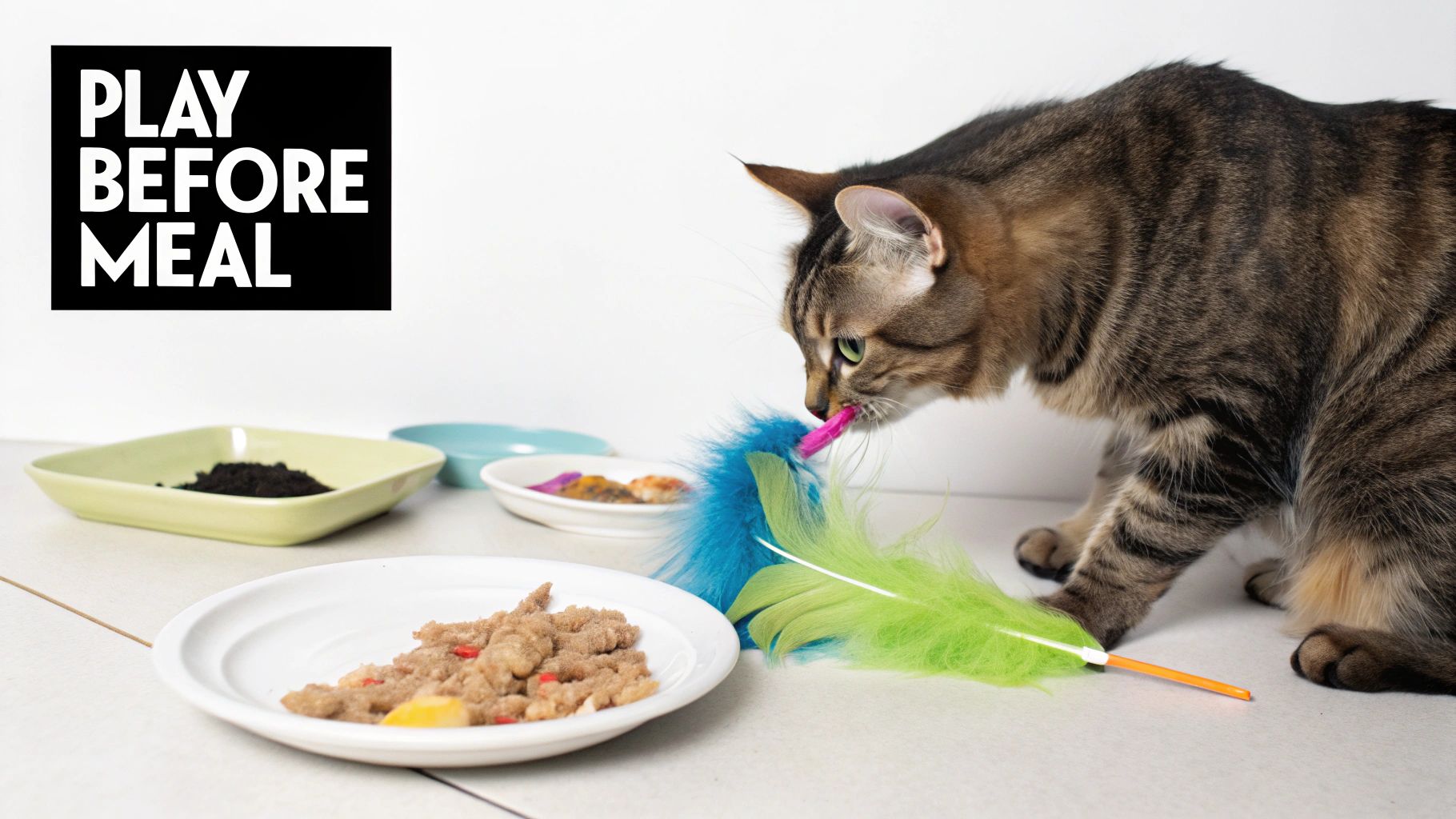 A tabby cat actively plays with a colorful feather toy beside multiple bowls of cat food, with "PLAY BEFORE MEAL" text.