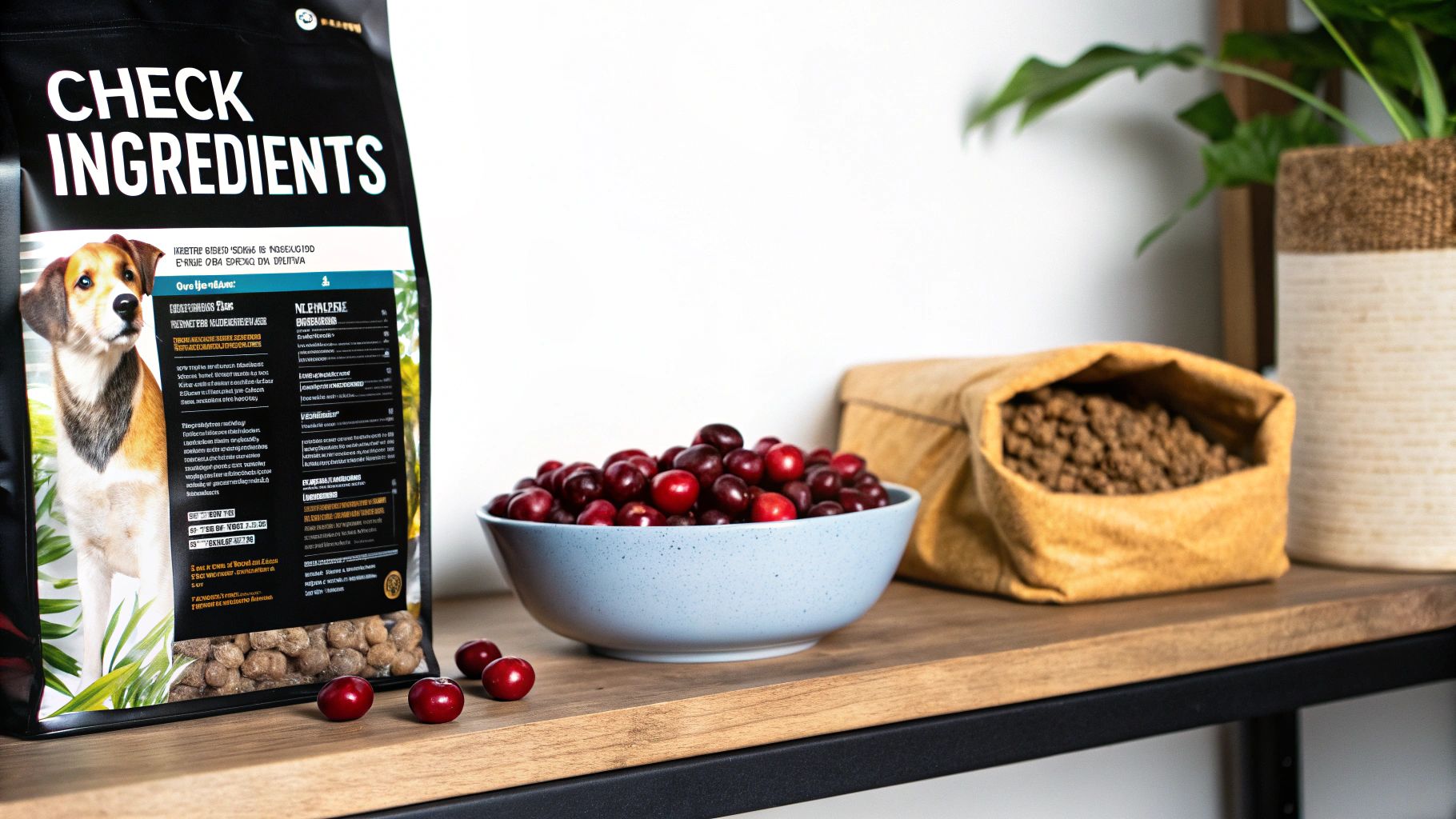 A dog food bag with a beagle, fresh cranberries in a bowl, and kibble on a wooden shelf.