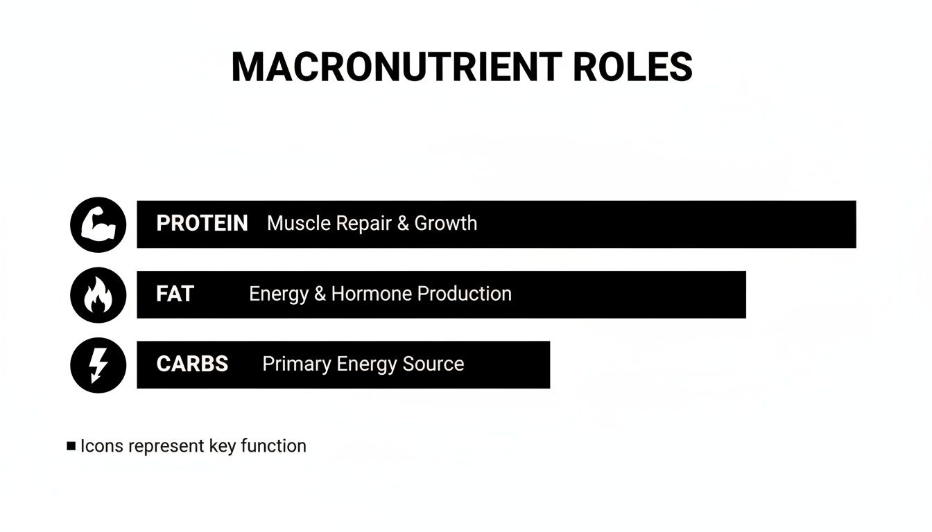 A visual guide illustrating the key roles of macronutrients: protein, fat, and carbohydrates for body functions.
