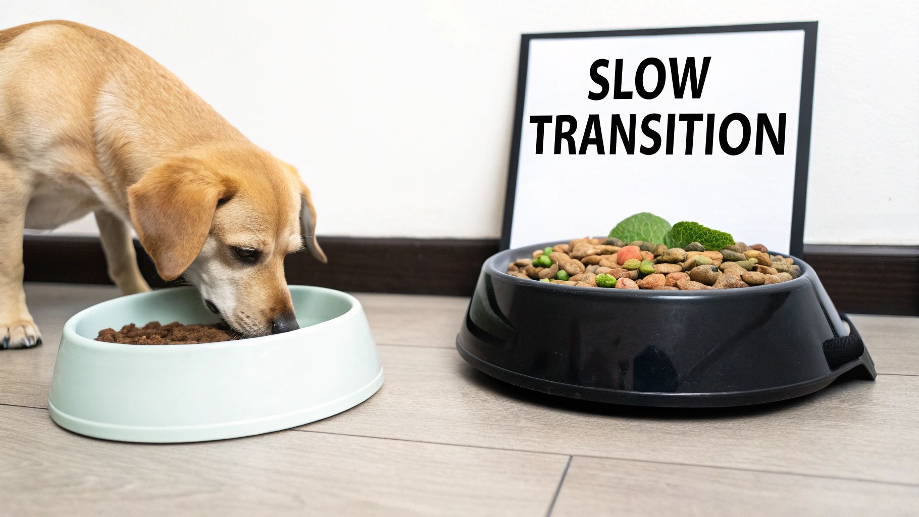 A dog eats from a bowl, next to another bowl of kibble and a 'SLOW TRANSITION' sign.