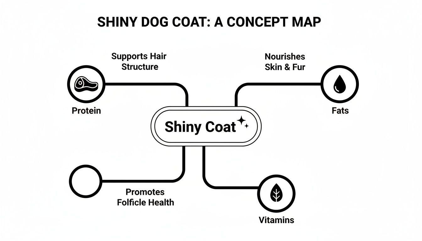 Concept map illustrating essential nutrients like protein, fats, and vitamins for a shiny dog coat.