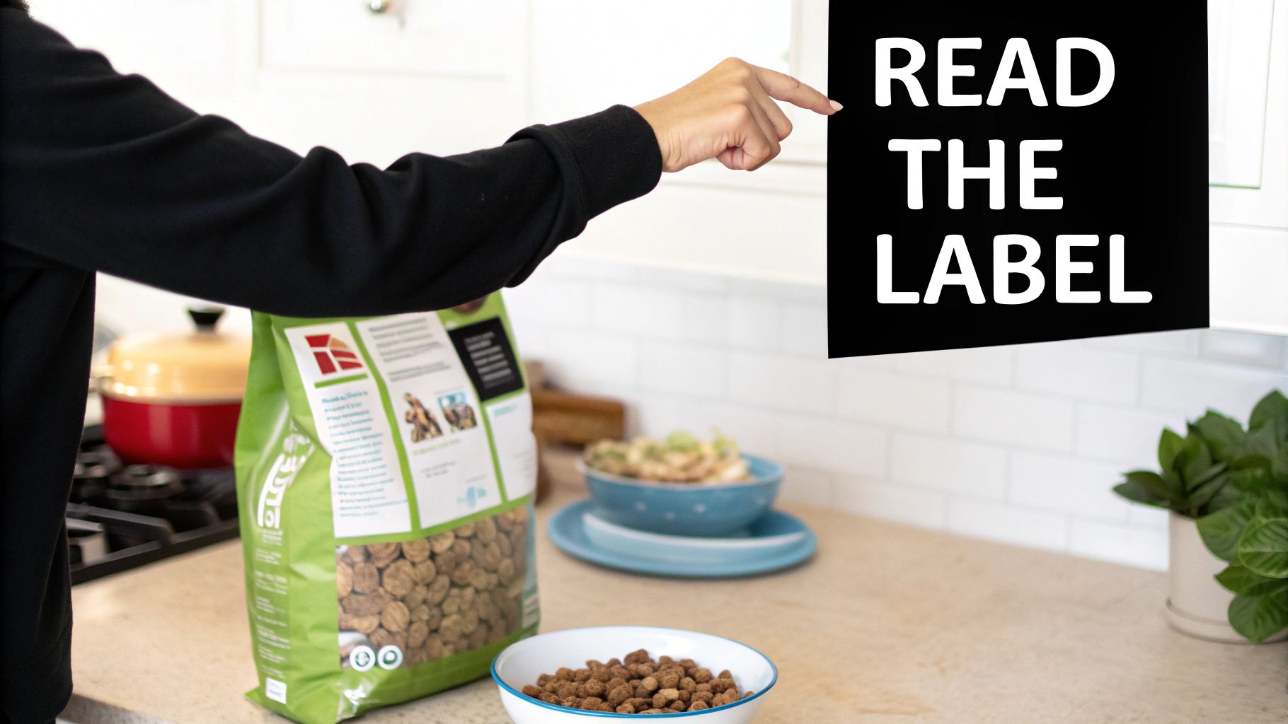 A person's hand points to a 'READ THE LABEL' sign next to dog food and treats on a kitchen counter.