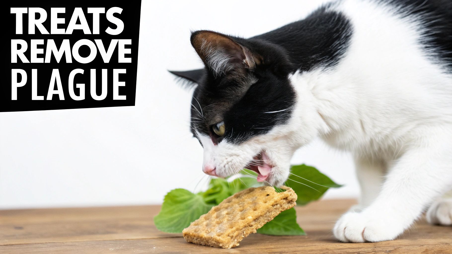 A cat chewing on a dental treat, showing the texture of the treat against its teeth