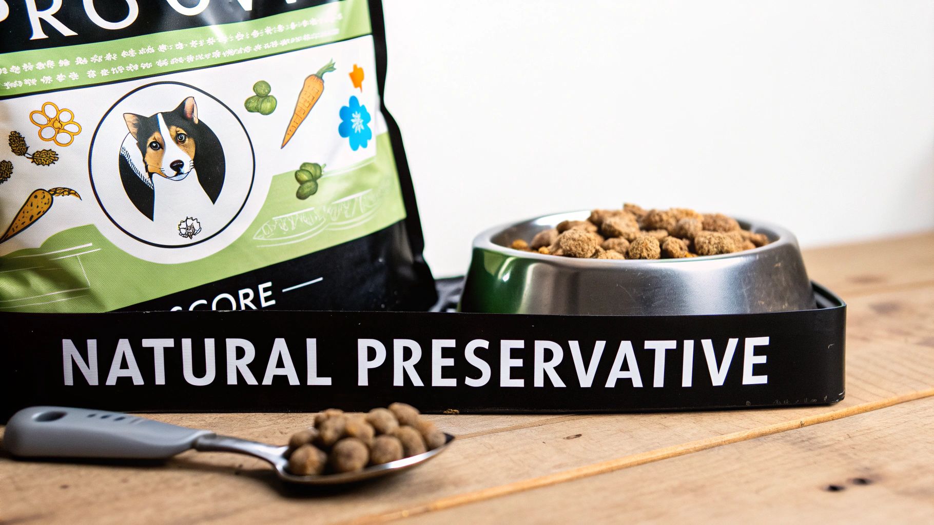 A close-up shot of a dog food label with rosemary extract highlighted in the ingredient list.