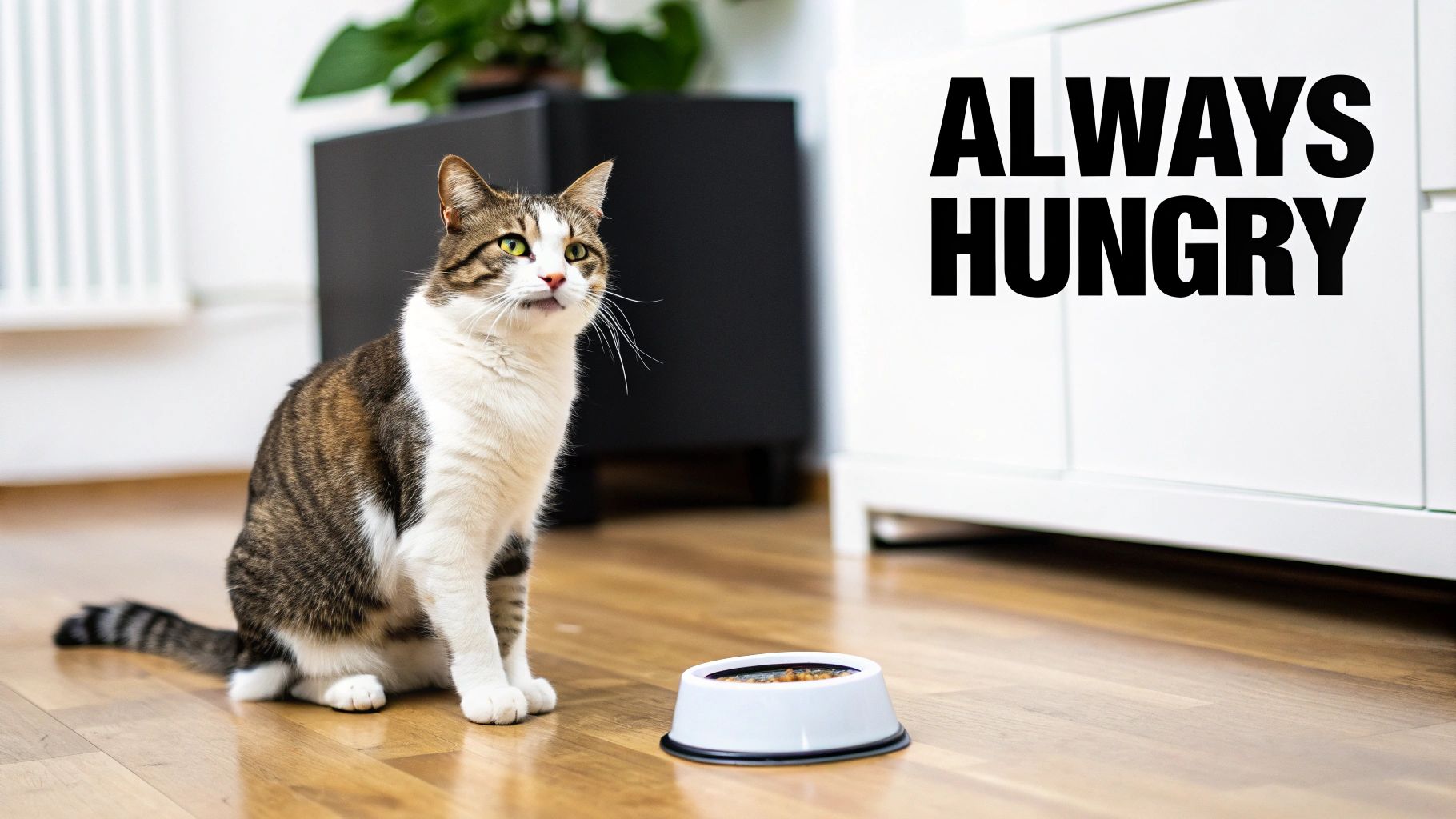 A cat looking up towards its owner, seemingly begging for food