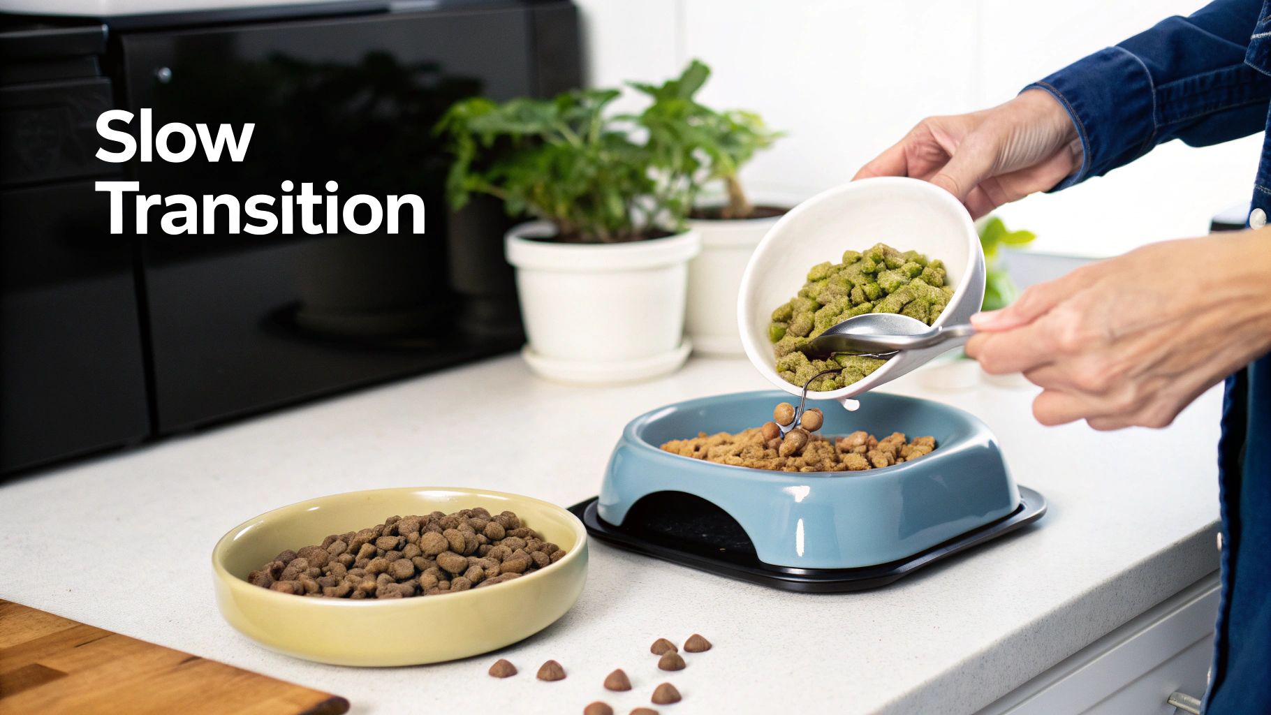 A person pours green kibble into a bowl with brown dog food, demonstrating a slow transition.