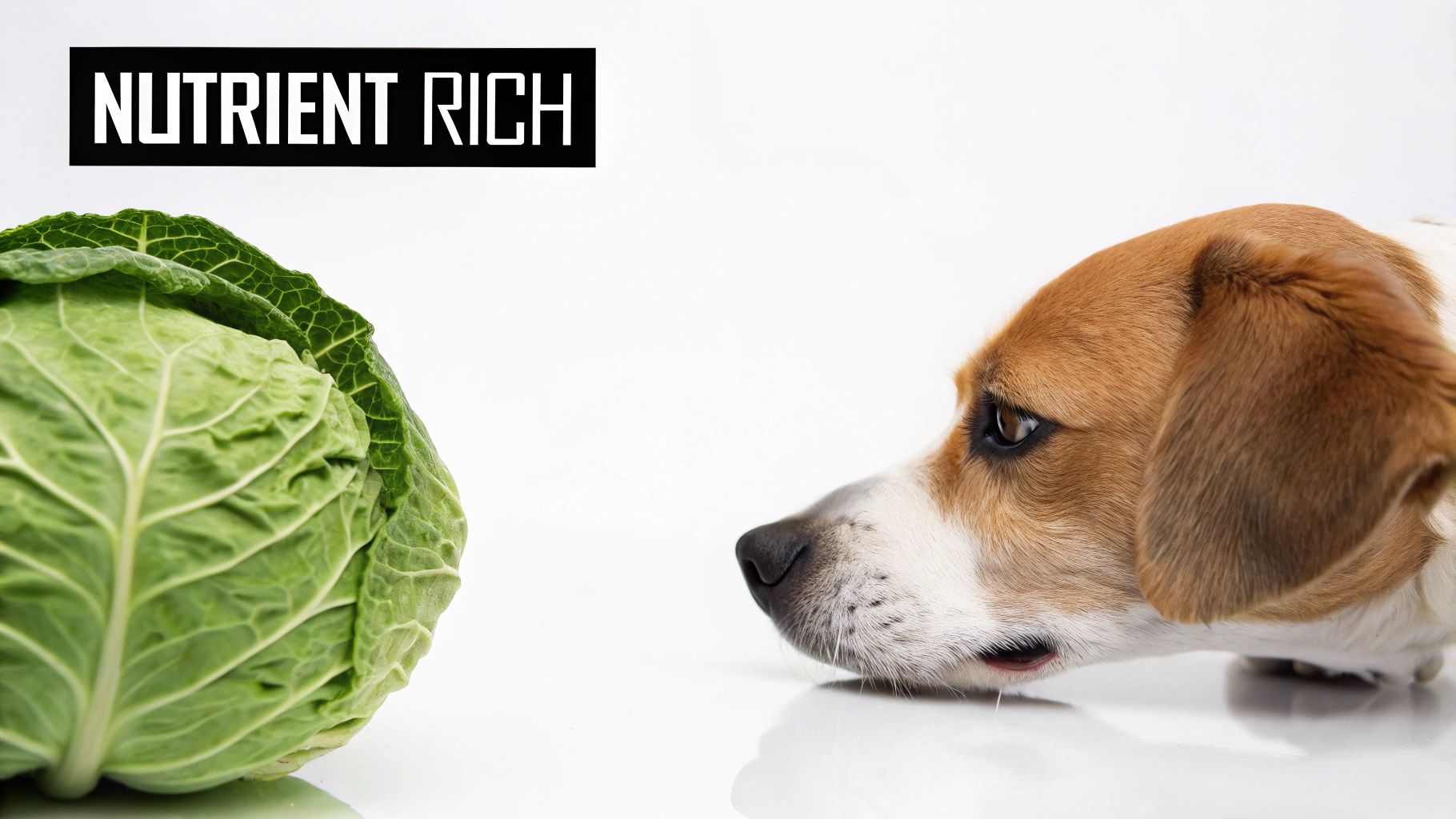 A beagle dog looks curiously at a fresh head of green cabbage with 'NUTRIENT RICH' text.