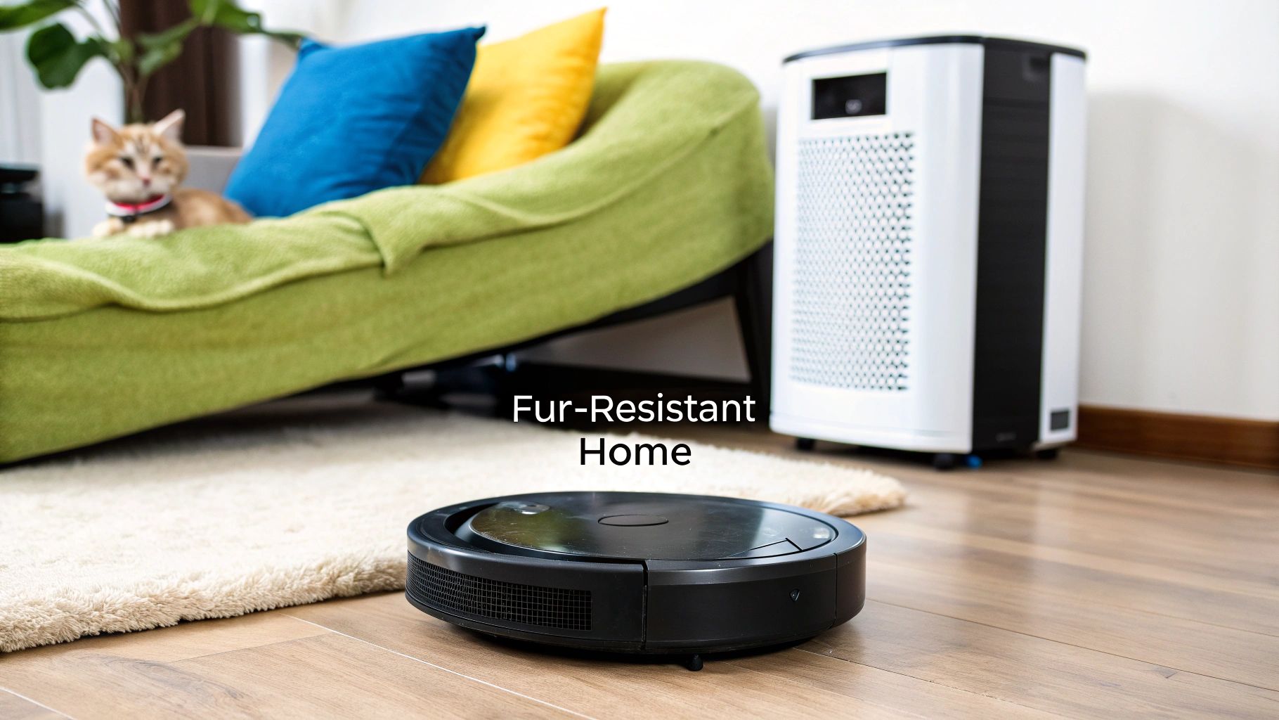 A person vacuuming a light-colored couch, effectively removing cat fur.