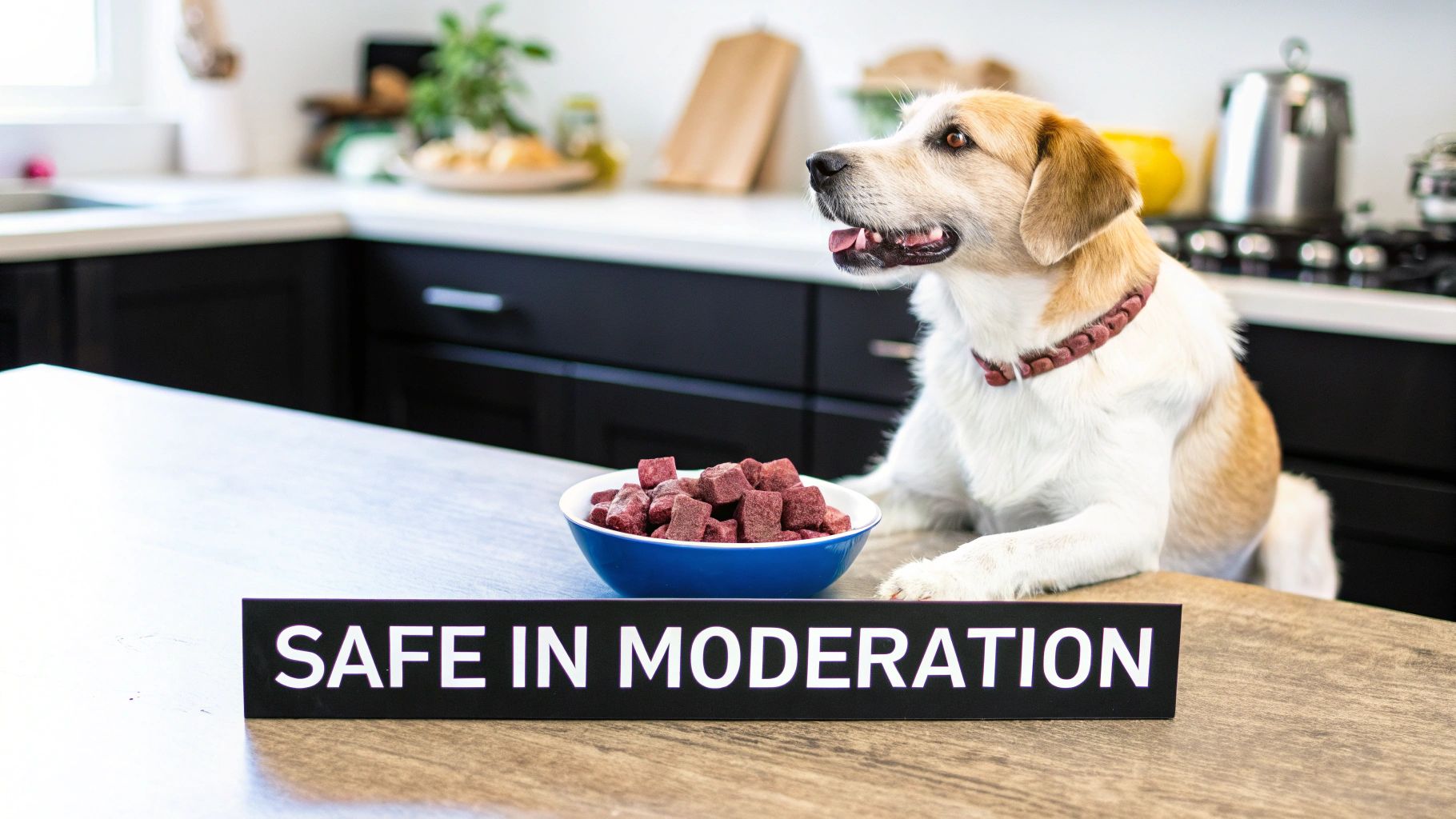 Happy dog sitting at kitchen table with bowl of beet treats and safe in moderation text