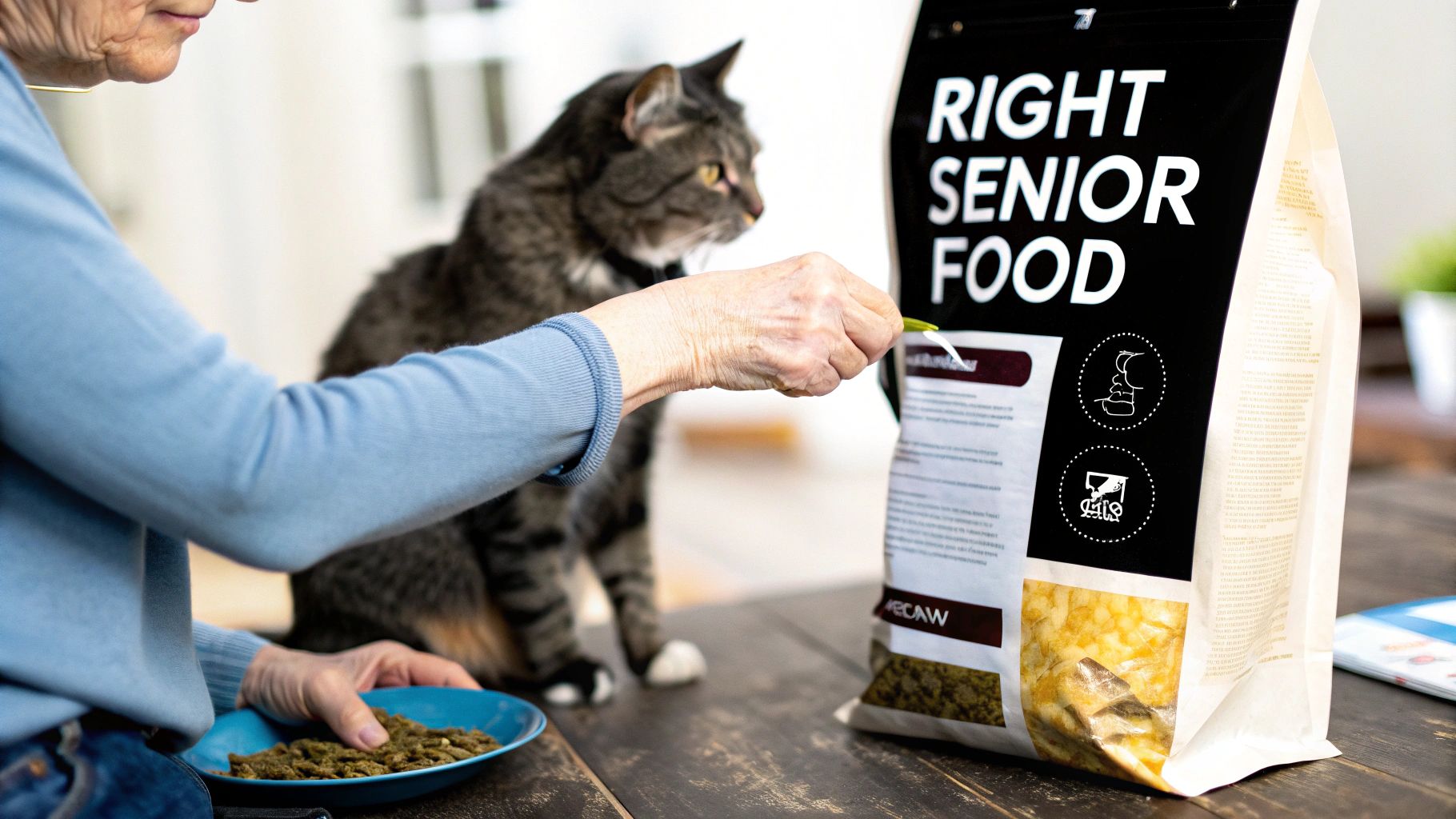 An elderly person scoops senior cat food from a bag into a blue bowl, with a tabby cat waiting.