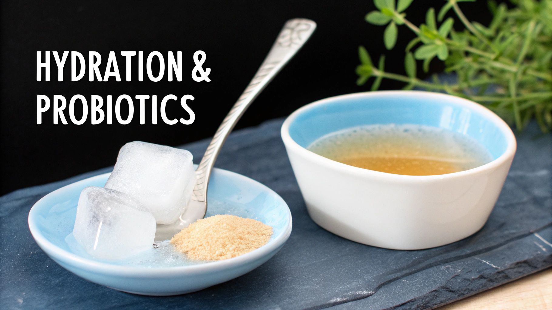 Hydration and probiotics concepts are visually represented with ice cubes, a powder, and a drink.