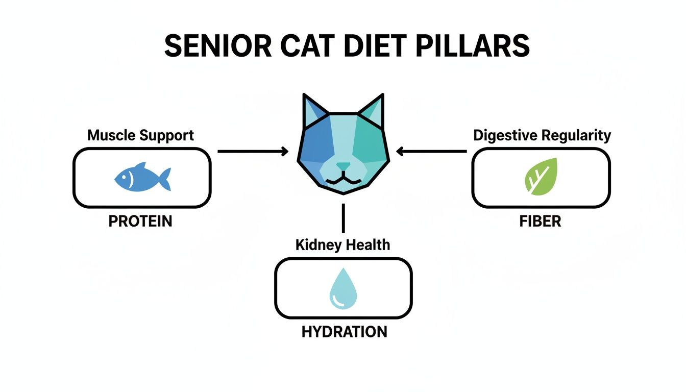 Diagram showing the three essential diet pillars for senior cats: protein for muscle, fiber for digestion, and hydration for kidney health.