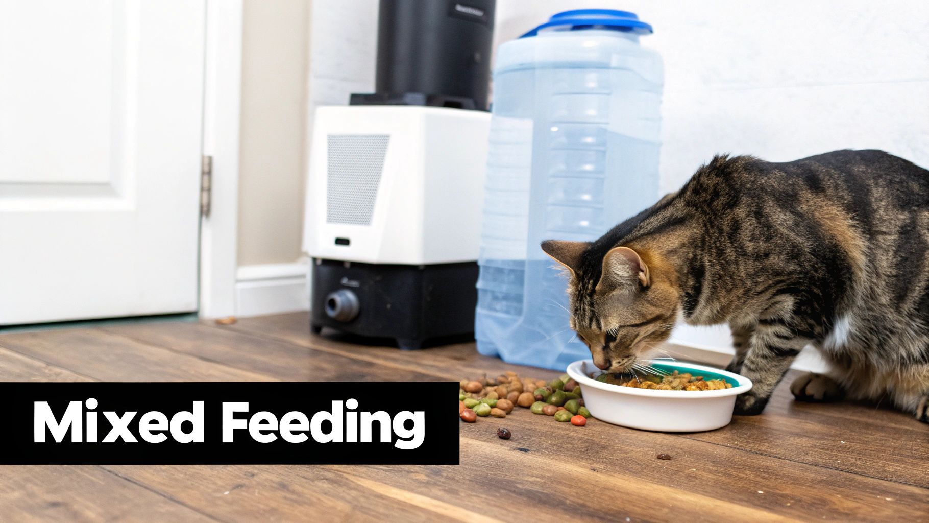 A cat eating from a bowl that contains a mix of wet and dry food.