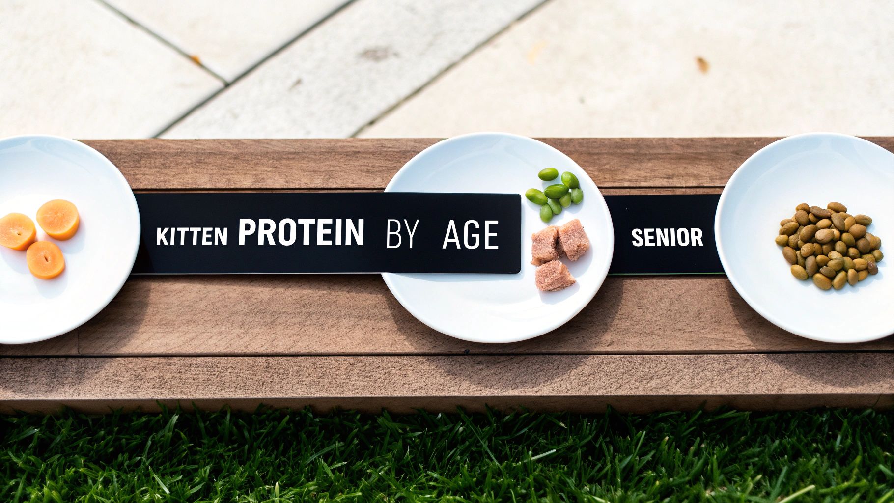 An adorable kitten, an adult cat, and a senior cat sitting together.