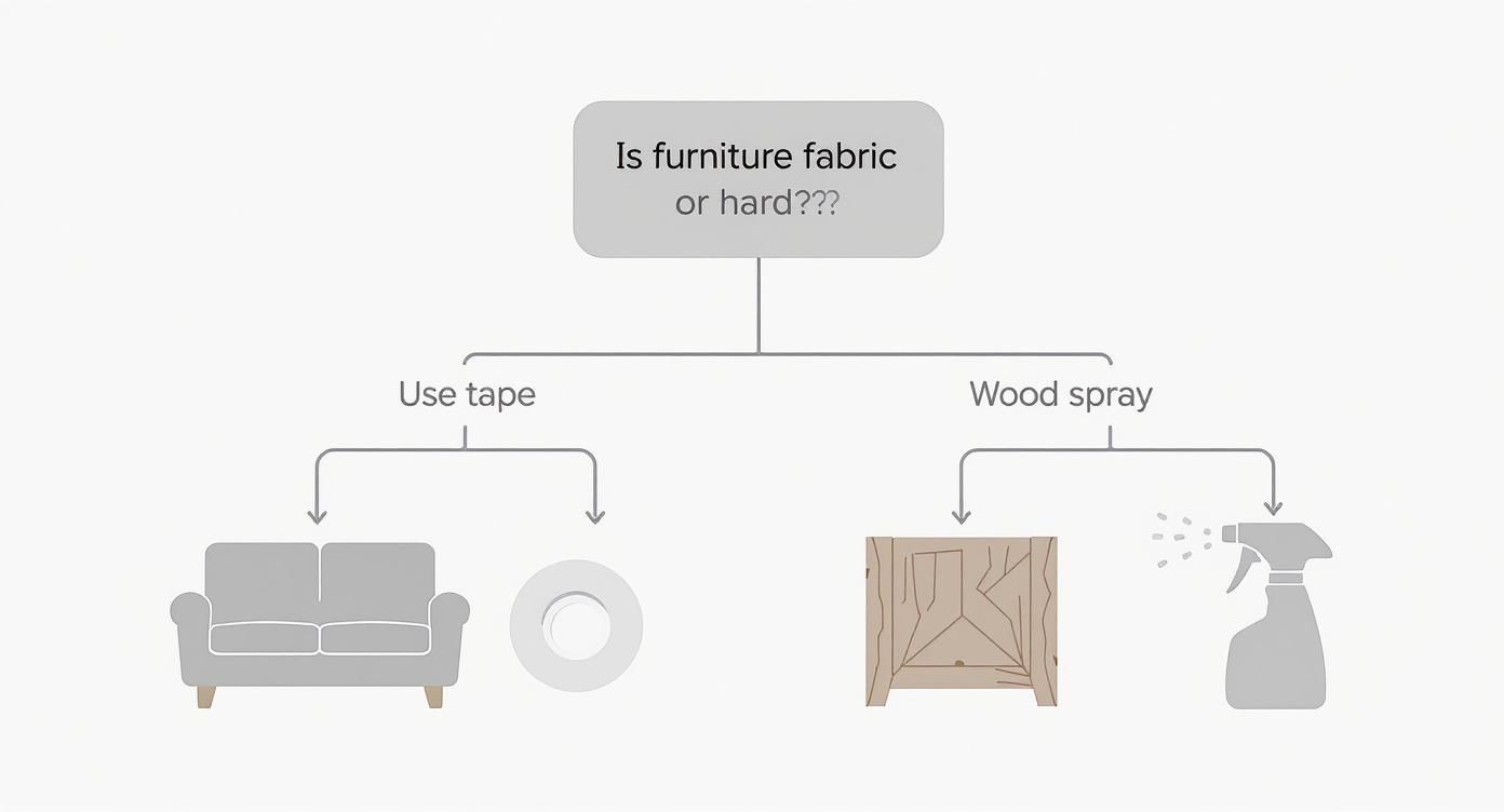 A flowchart detailing methods to prevent cat scratching on furniture, based on whether it's fabric or hard.