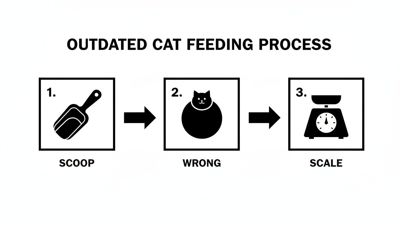Infographic comparing scooping to an overweight cat, highlighting weighing as the correct feeding method.