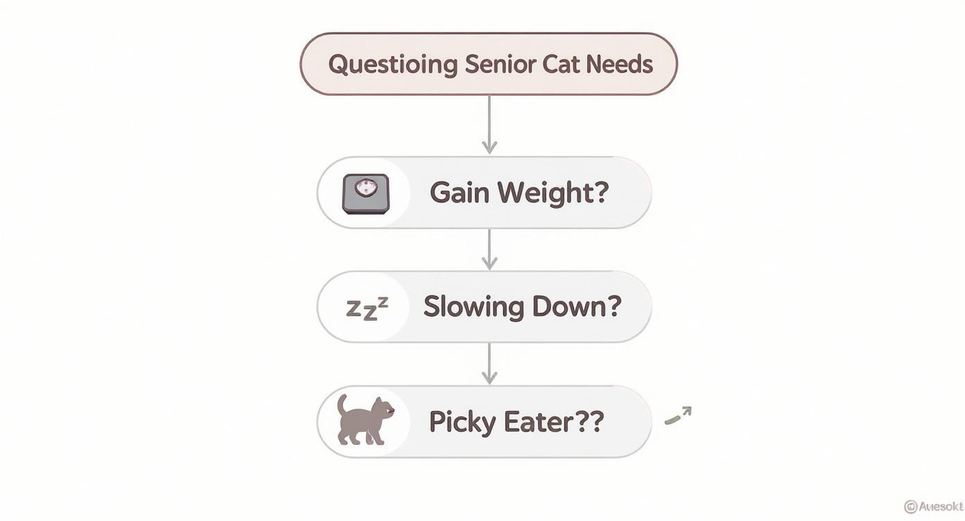 A flowchart titled 'Questioning Senior Cat Needs' with steps asking 'Gain Weight?', 'Slowing Down?', and 'Picky Eater??'.