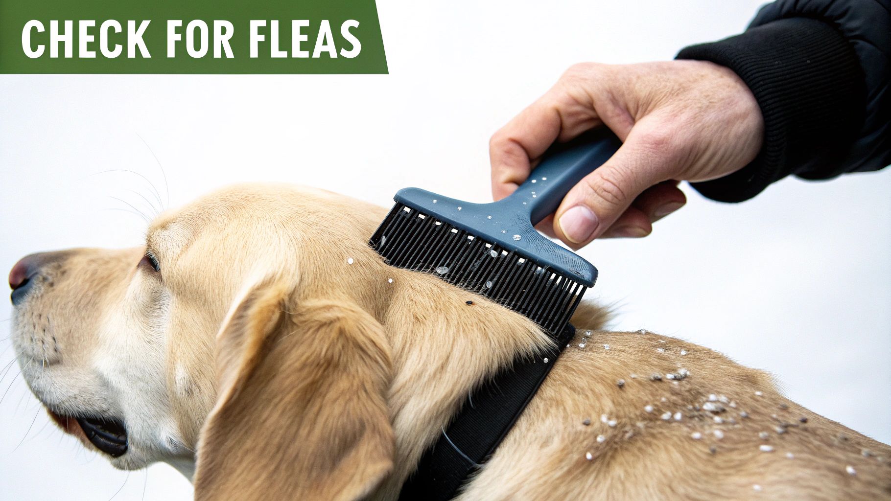 A person uses a flea comb on a golden retriever, checking for fleas and dirt on its fur.