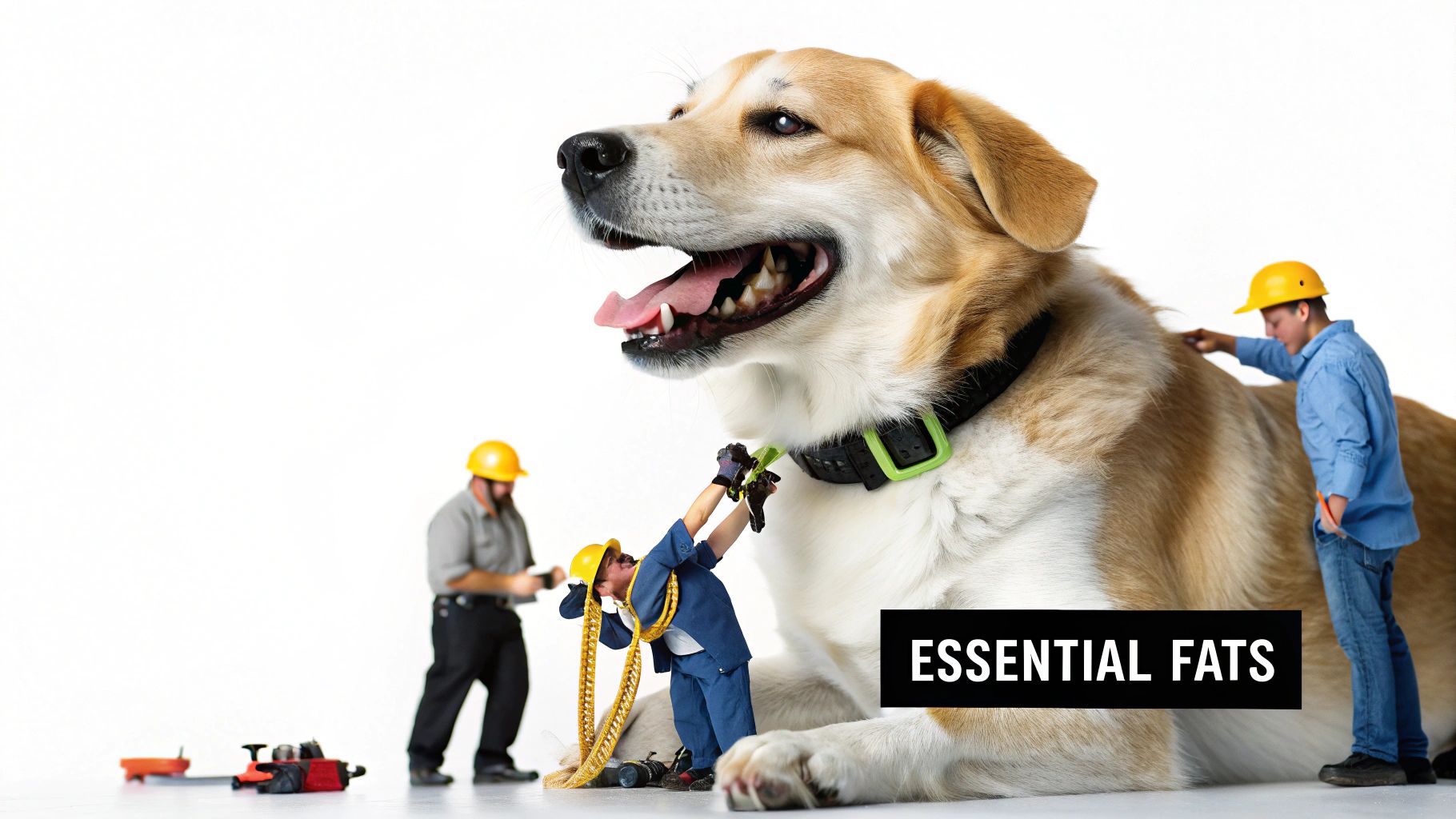Giant dog being cared for by small construction workers, with text 'ESSENTIAL FATS' about dog health.