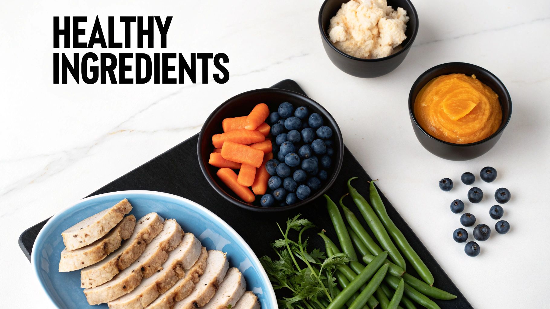 A variety of healthy ingredients including sliced meat, carrots, blueberries, green beans, and purees.