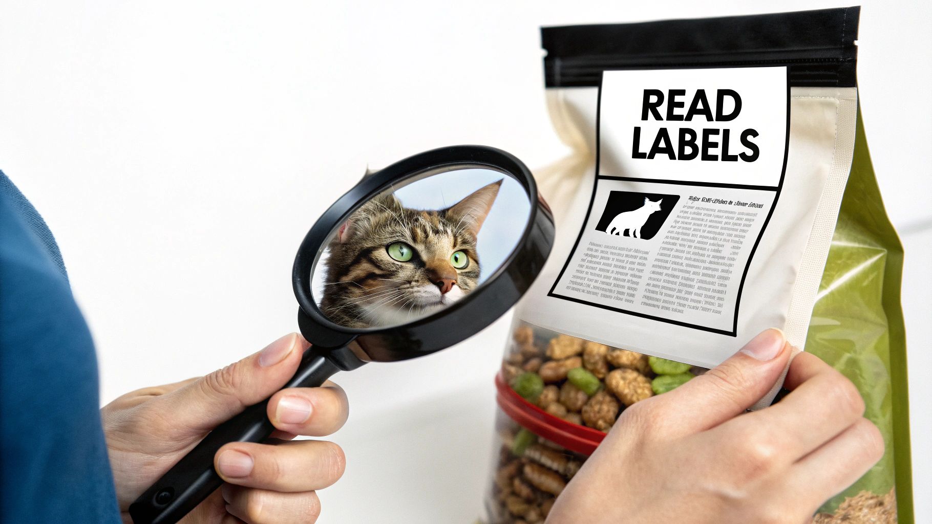 A person examines a cat food bag with a magnifying glass, revealing a cat and the text 'READ LABELS'.