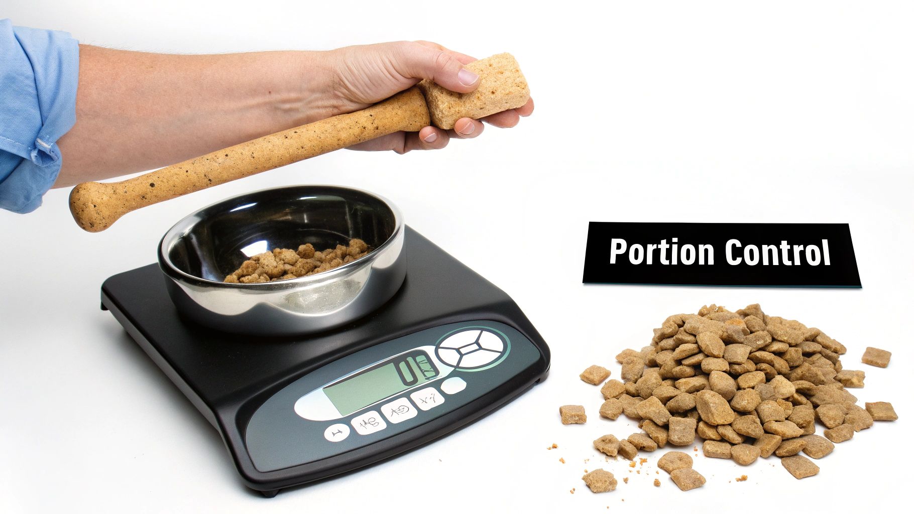A hand holds a large dog treat over a bowl of kibble on a digital scale, emphasizing pet portion control.