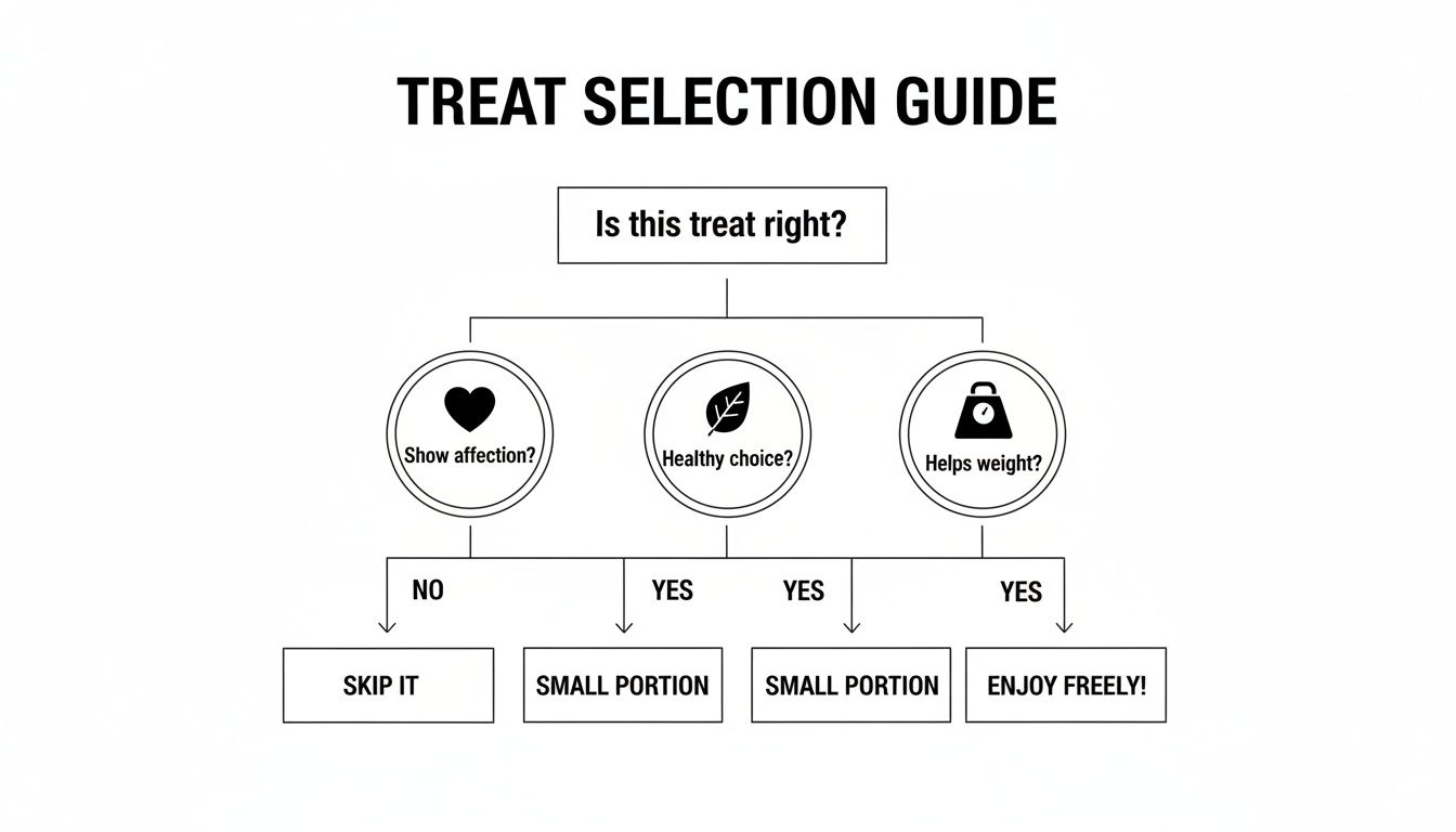 A treat selection flowchart guiding choices based on affection, healthy eating, and weight management outcomes.