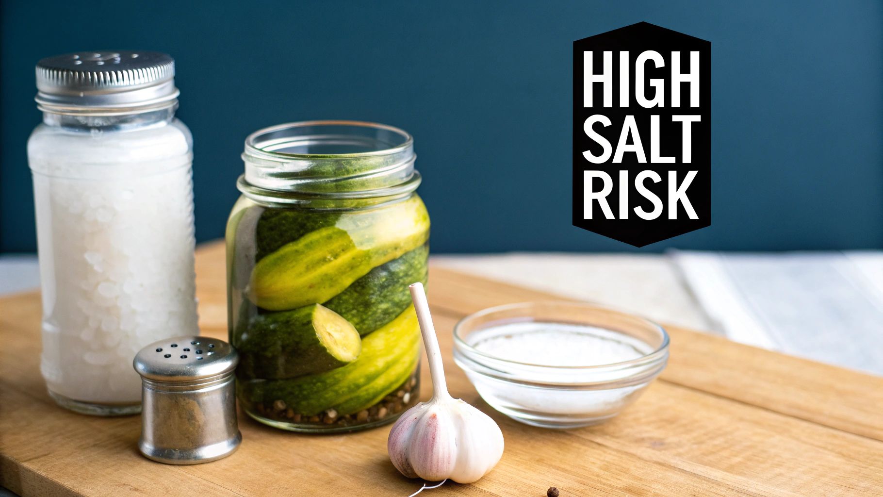 Pickling ingredients like cucumbers, salt, and garlic, accompanied by a 'High Salt Risk' graphic.