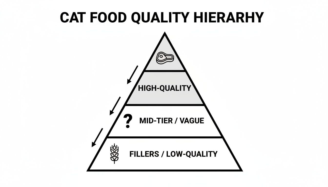 A pyramid diagram illustrates the cat food quality hierarchy, from high-quality meat to low-quality fillers.