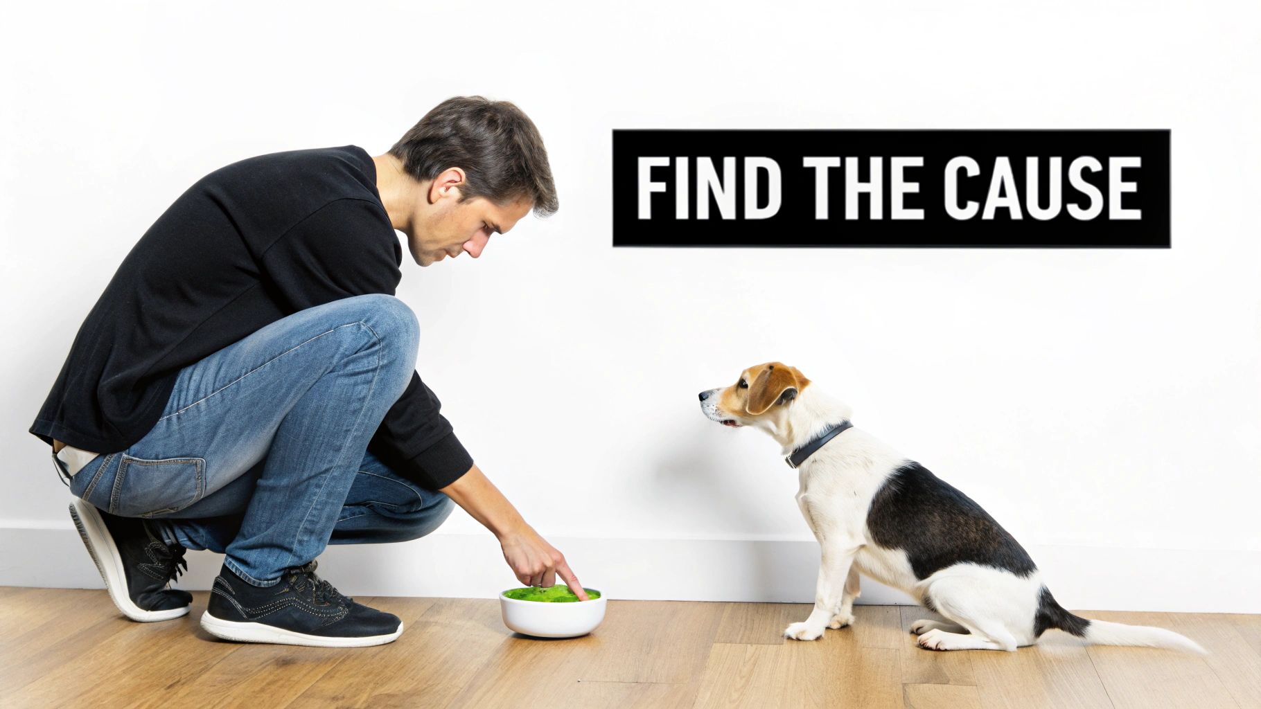 A golden retriever looking skeptically at its bowl of dry kibble.
