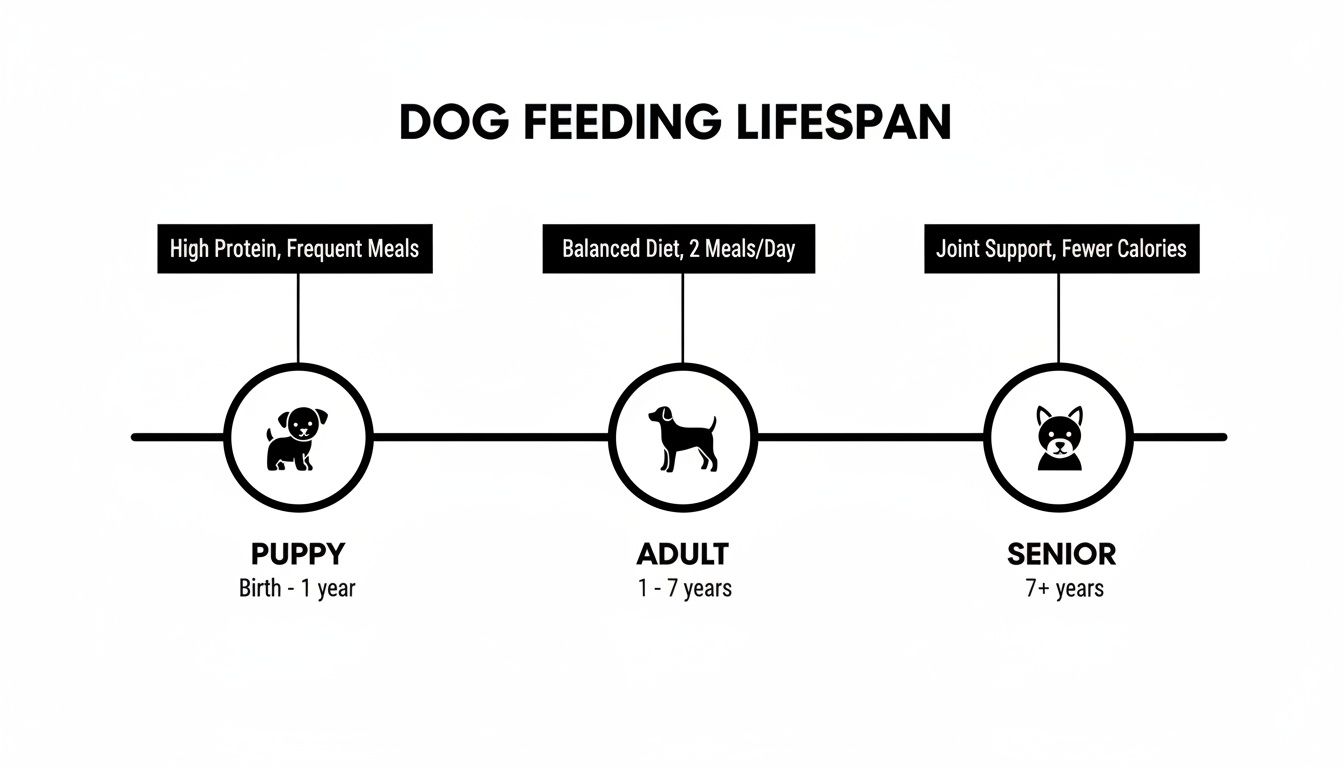 Infographic illustrating dog feeding recommendations across puppy, adult, and senior life stages.