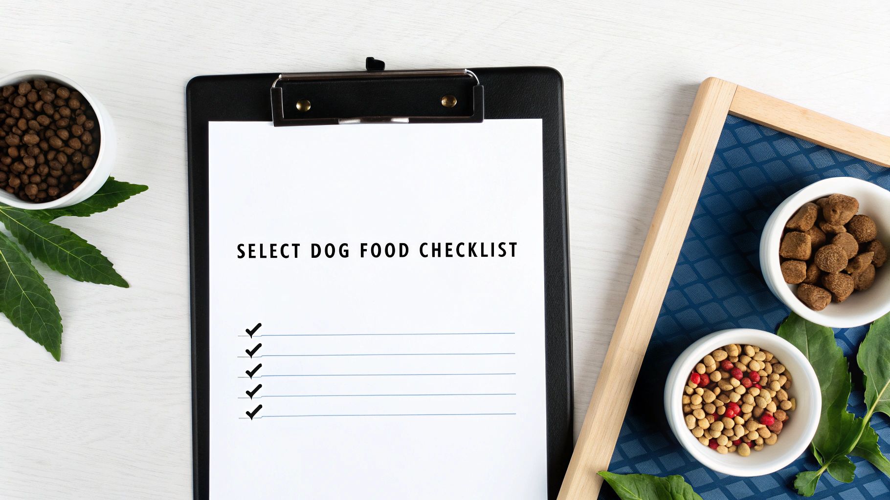 A clipboard with a 'SELECT DOG FOOD CHECKLIST' and bowls of dog food on a white table.