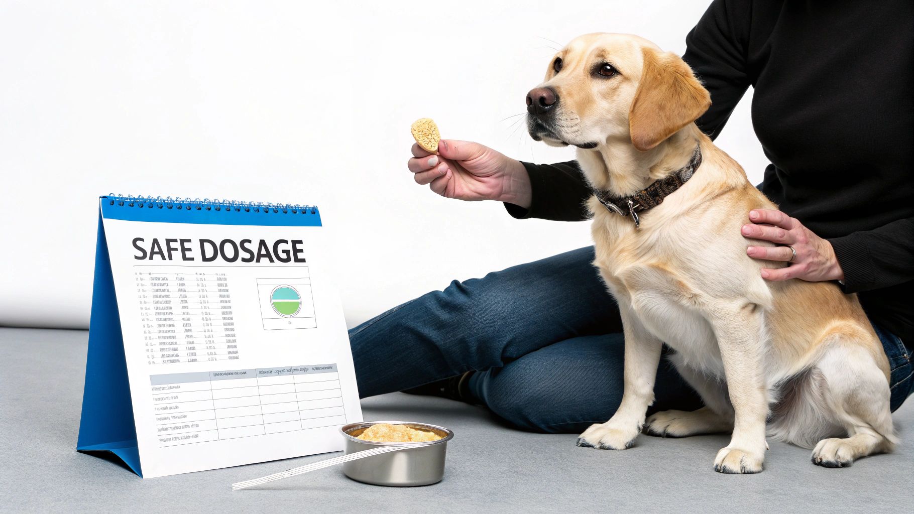 A person offers a treat to a sitting Labrador dog, next to a 'SAFE DOSAGE' guide and a food bowl.
