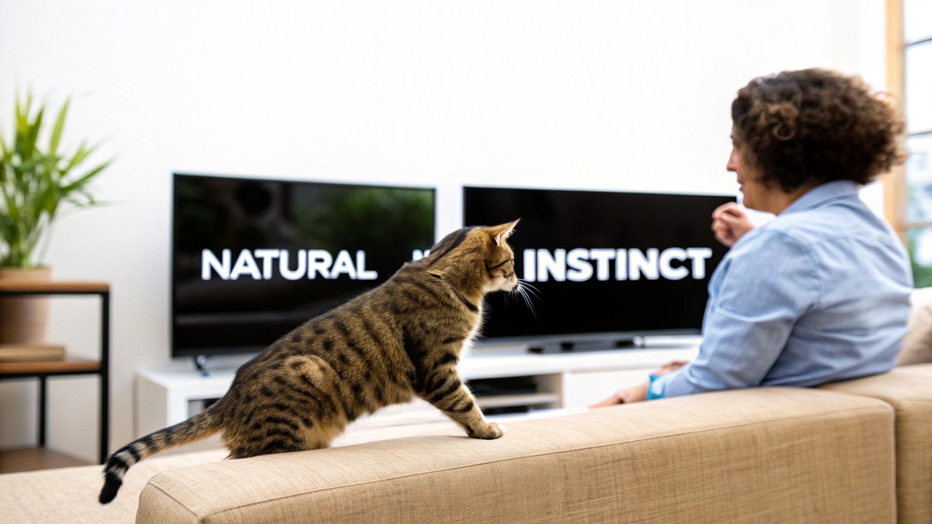 A tabby cat on a beige sofa watches a person in front of TVs displaying 'NATURAL INSTINCT'.