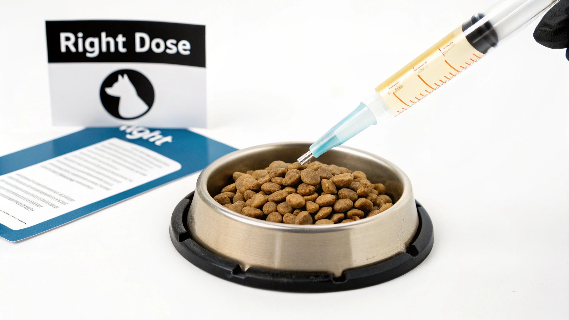 A syringe administering a liquid supplement into a bowl of dog kibble with a "Right Dose" sign.