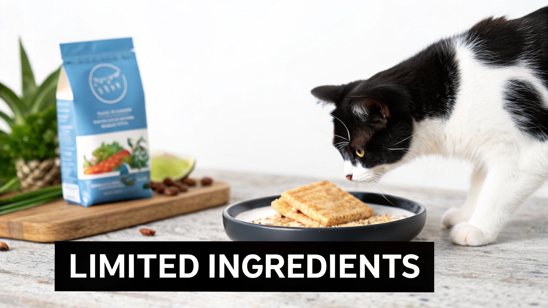 A black and white cat sniffs a bowl of natural square cat treats with a pet food bag and lime in the background.