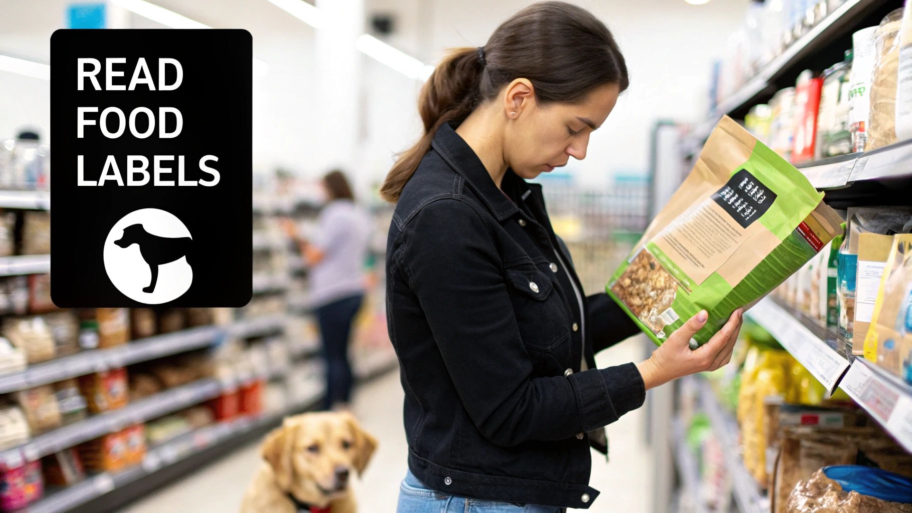 A woman examines a dog food label in a grocery store, with a Labrador and 'READ FOOD LABELS' sign.