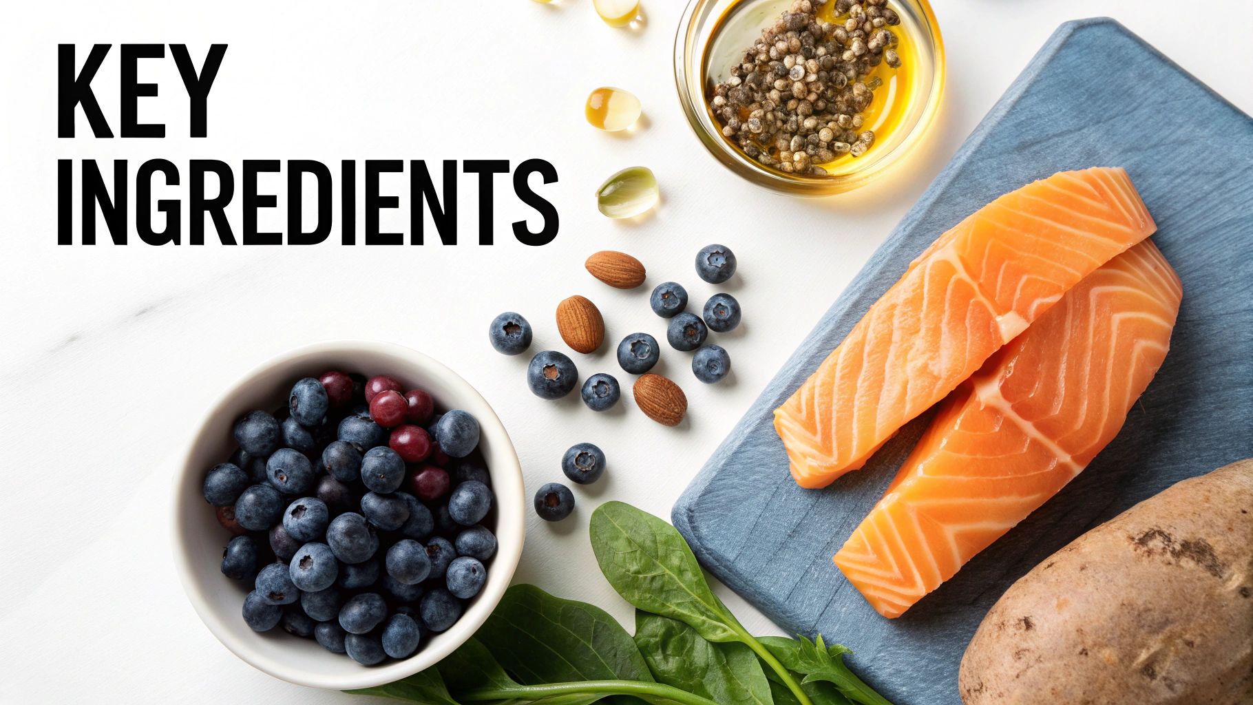 An overhead shot of healthy ingredients like salmon, blueberries, almonds, spinach, and supplements, labeled 'KEY INGREDIENTS'.