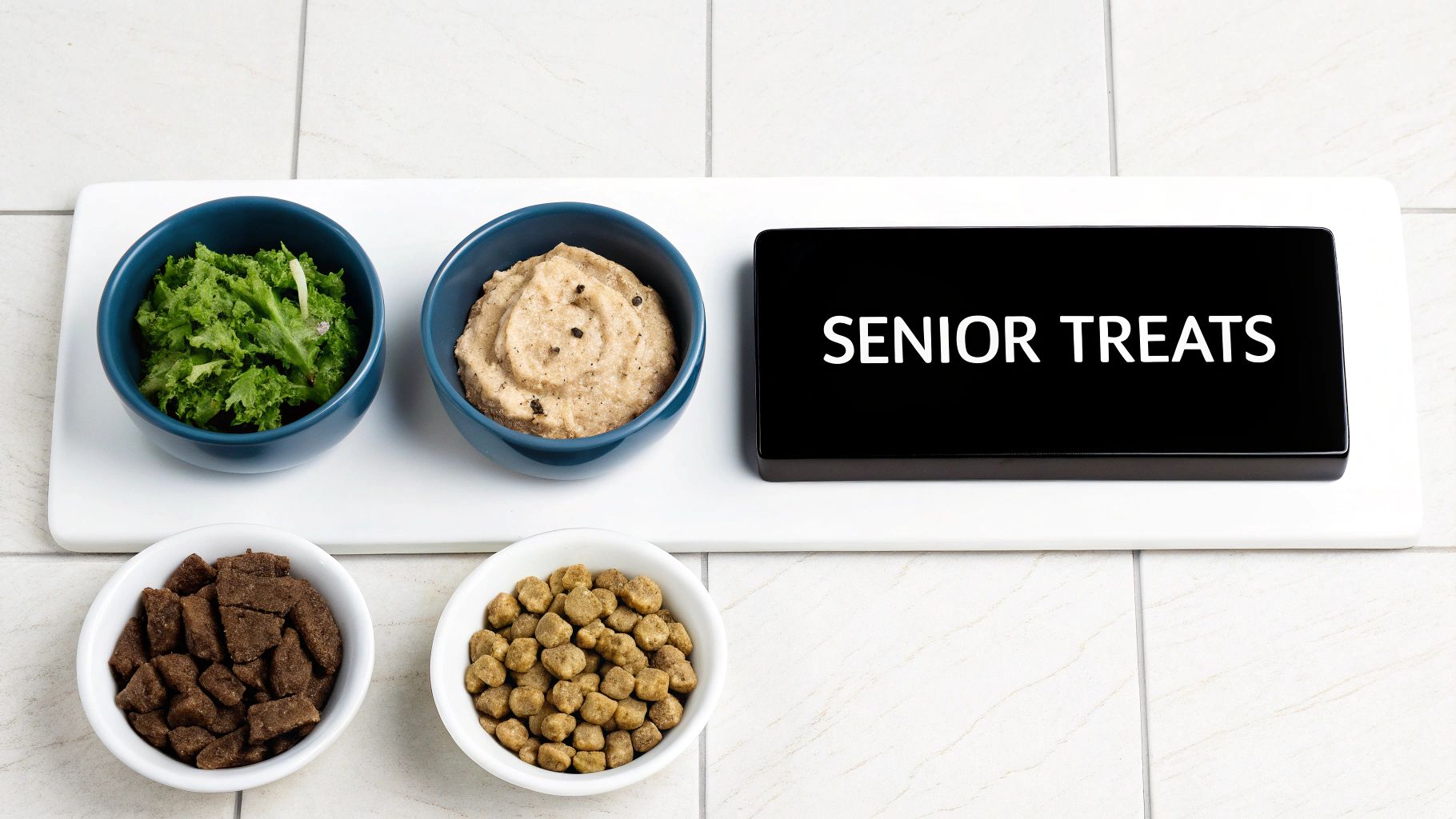 A white serving tray displaying four bowls of various pet food and a 'SENIOR TREATS' sign.