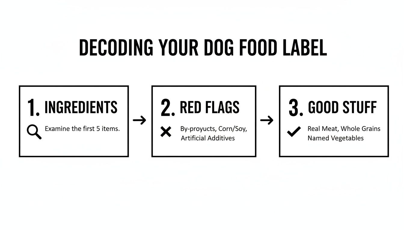Flowchart for decoding dog food labels, outlining steps to check ingredients, identify red flags, and find good stuff.