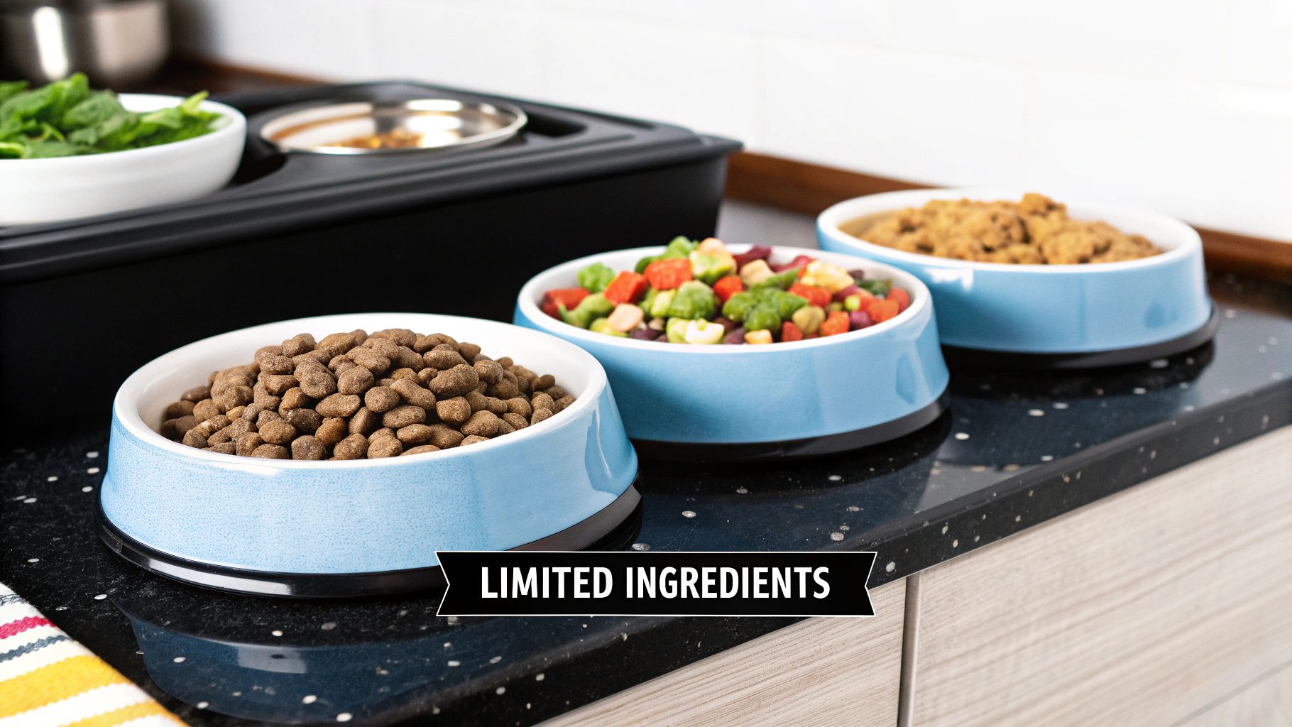 A close-up shot of a bowl of limited ingredient cat food next to a curious cat.