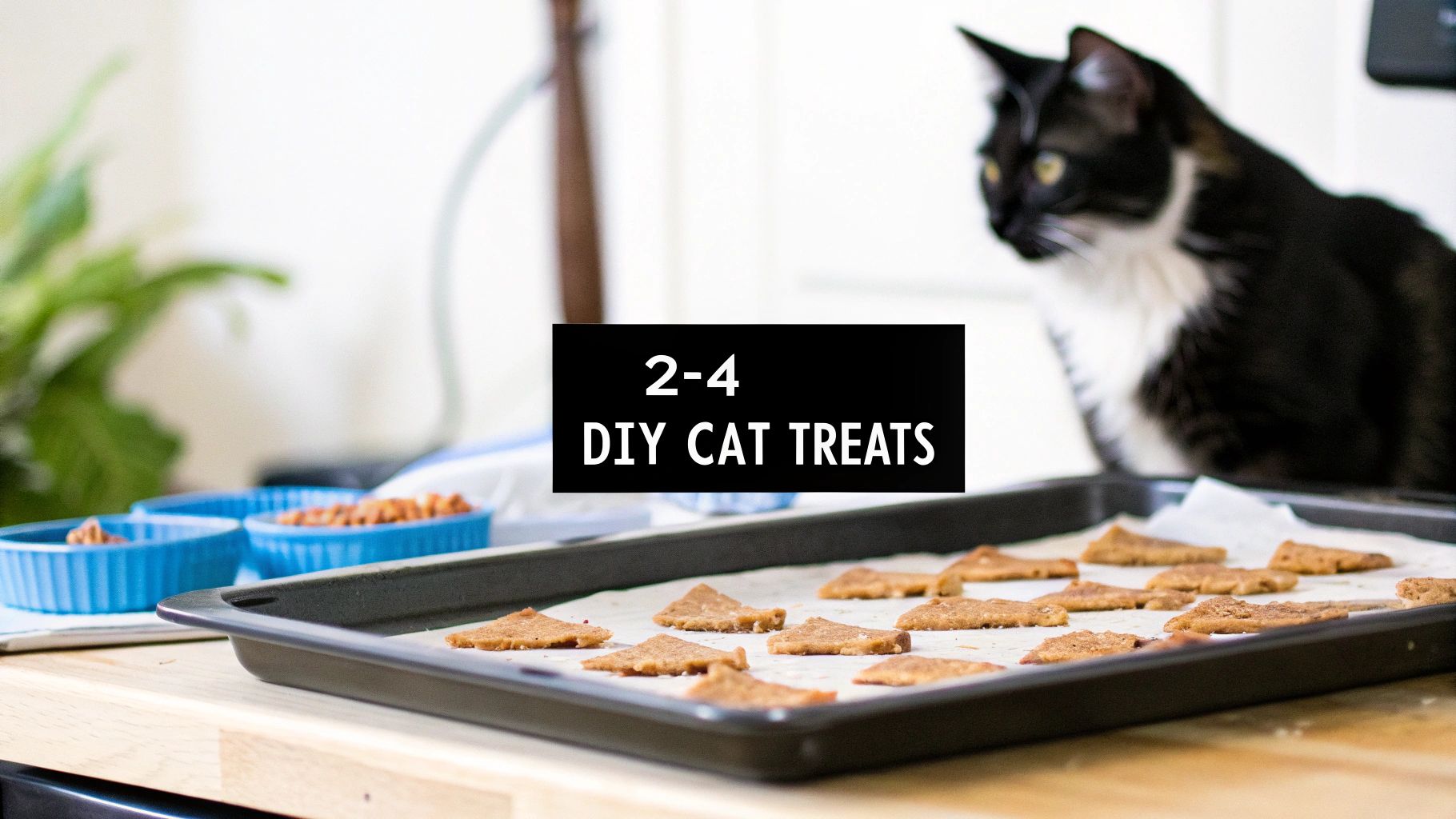 A black and white cat intently watches a baking sheet filled with freshly baked DIY cat treats.