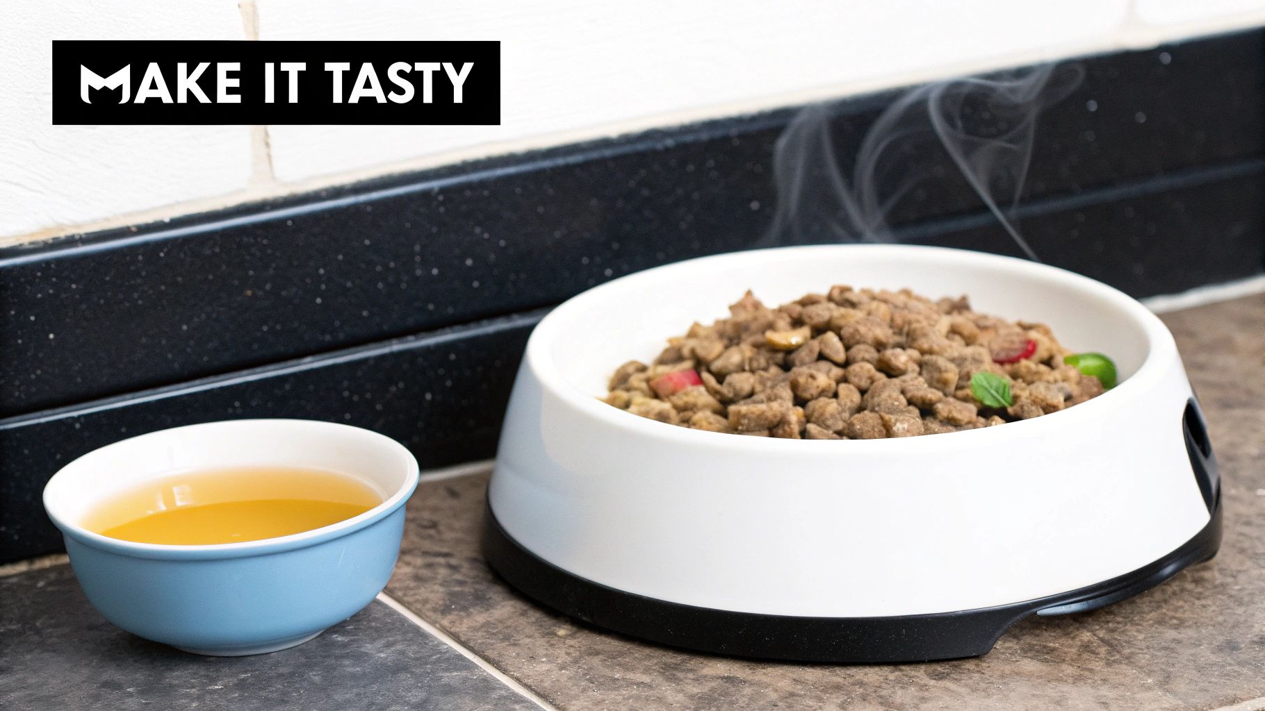 Steaming dry pet food in a white bowl next to a blue bowl of broth, with 'MAKE IT TASTY' text.