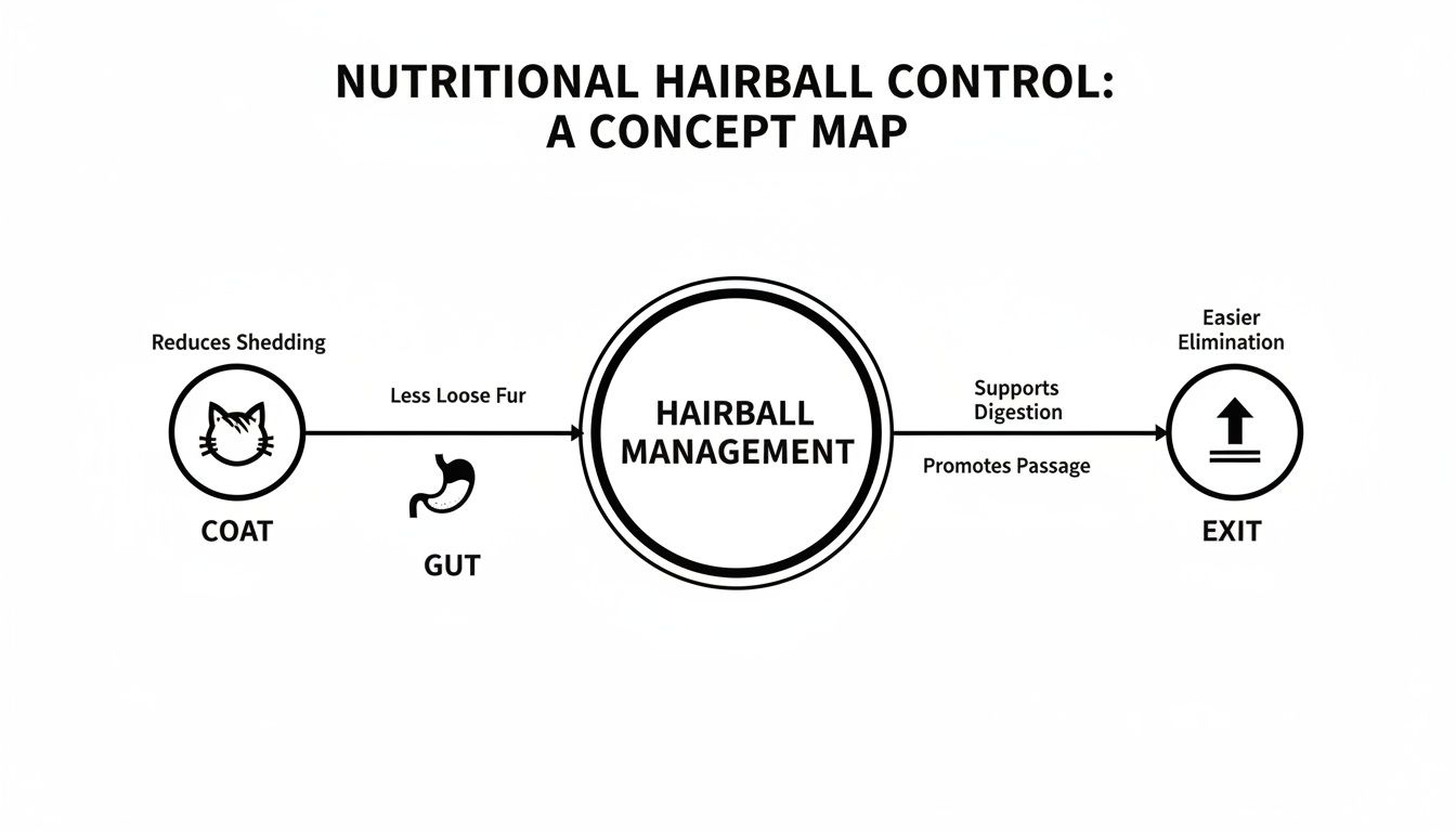 Concept map detailing nutritional hairball control through coat and gut health for easier elimination.