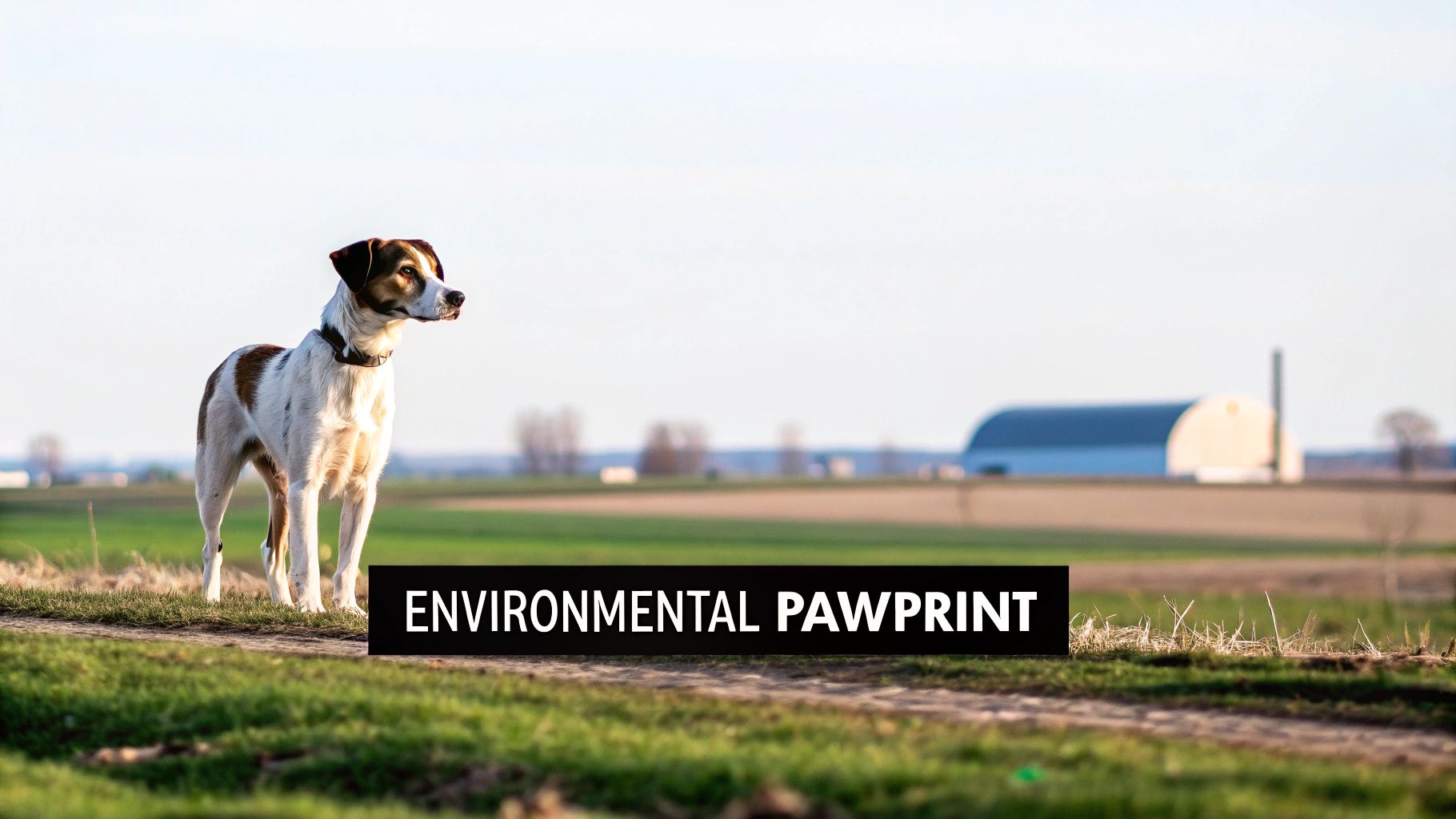 A brown and white dog stands on a dirt path in a green field, with 'Environmental Pawprint' text overlay.