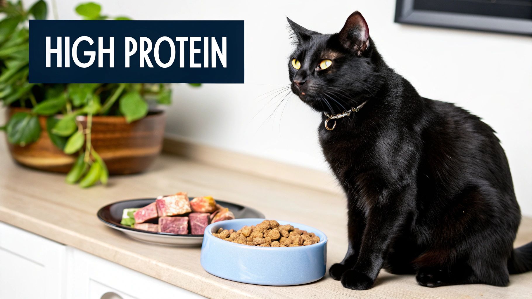 A black cat looks at a blue bowl of high protein kibble and a plate of raw meat.