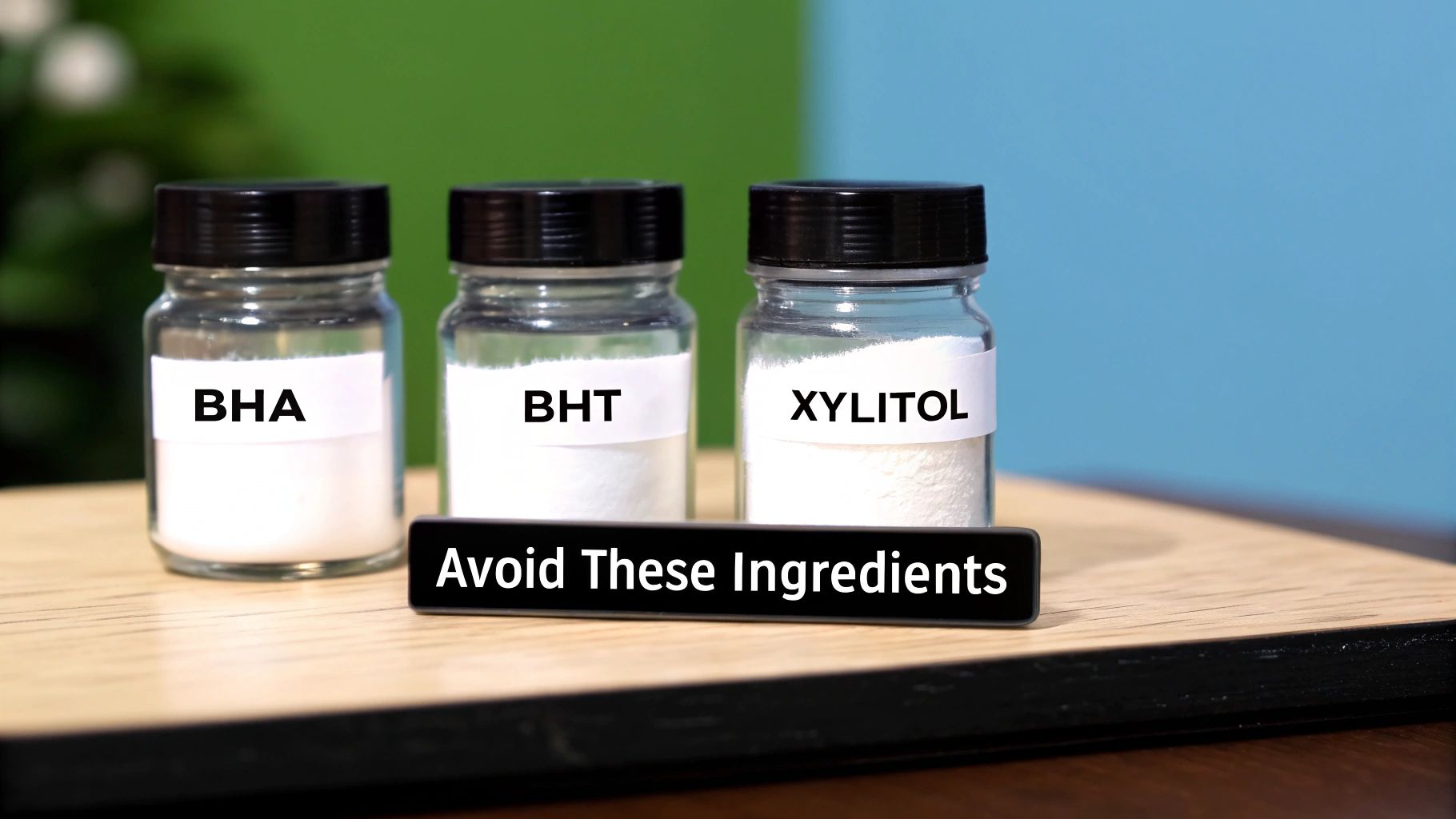 Three jars of white powder labeled BHA, BHT, and Xylitol, with a sign advising to avoid these ingredients.