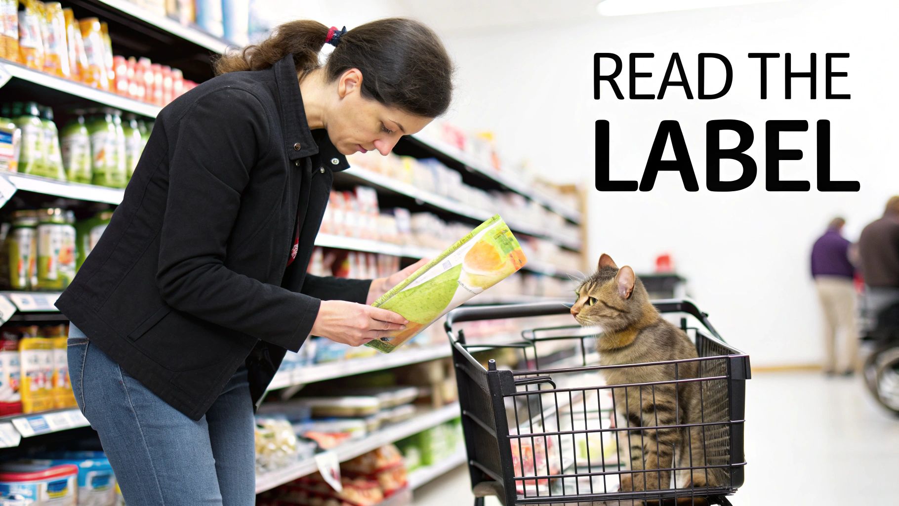 A woman reads a food label in a grocery store aisle while a cat sits in her shopping cart.
